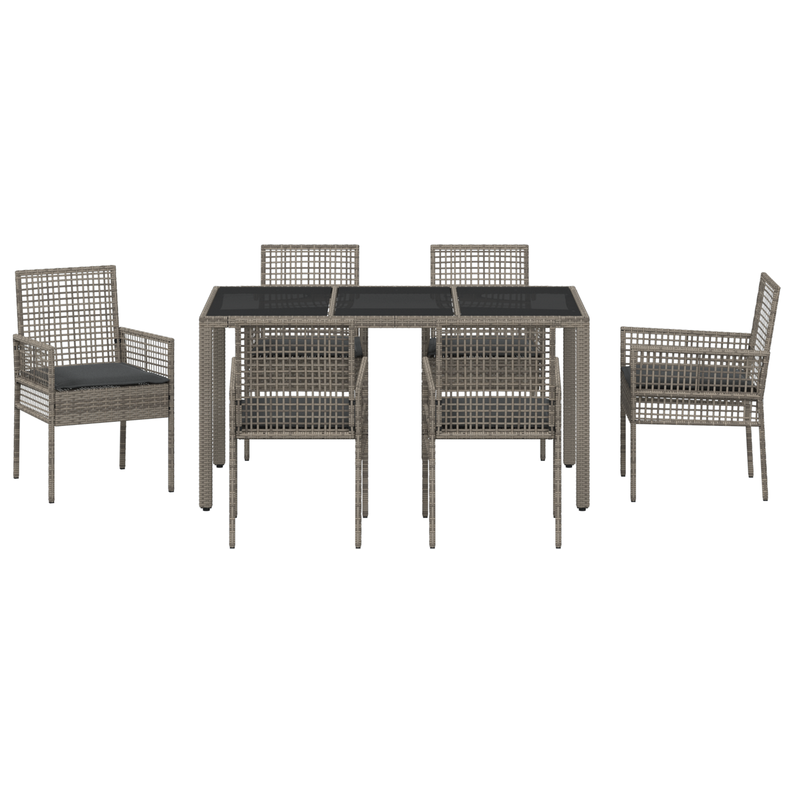7 Piece Garden Dining Set with Cushions Grey Poly Rattan - Image 7