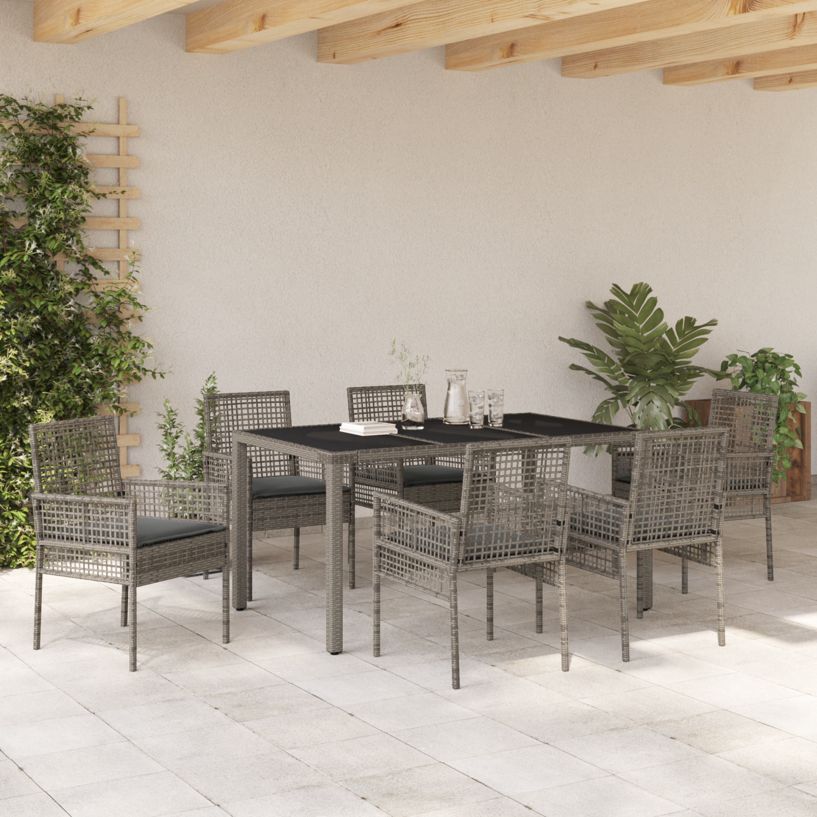 7 Piece Garden Dining Set with Cushions Grey Poly Rattan - Image 4