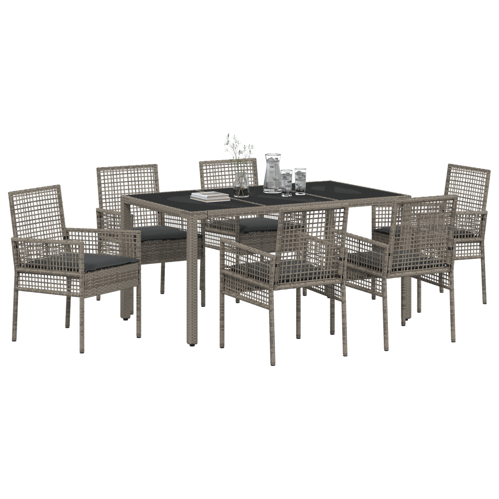 7 Piece Garden Dining Set with Cushions Grey Poly Rattan - Image 3