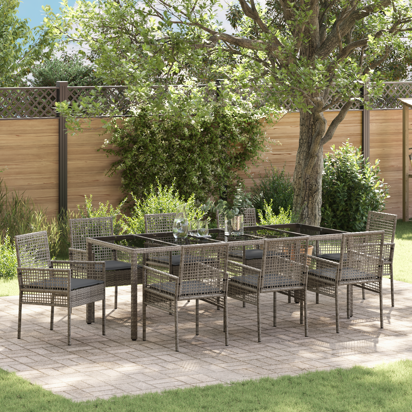 9 Piece Garden Dining Set with Cushions Grey Poly Rattan