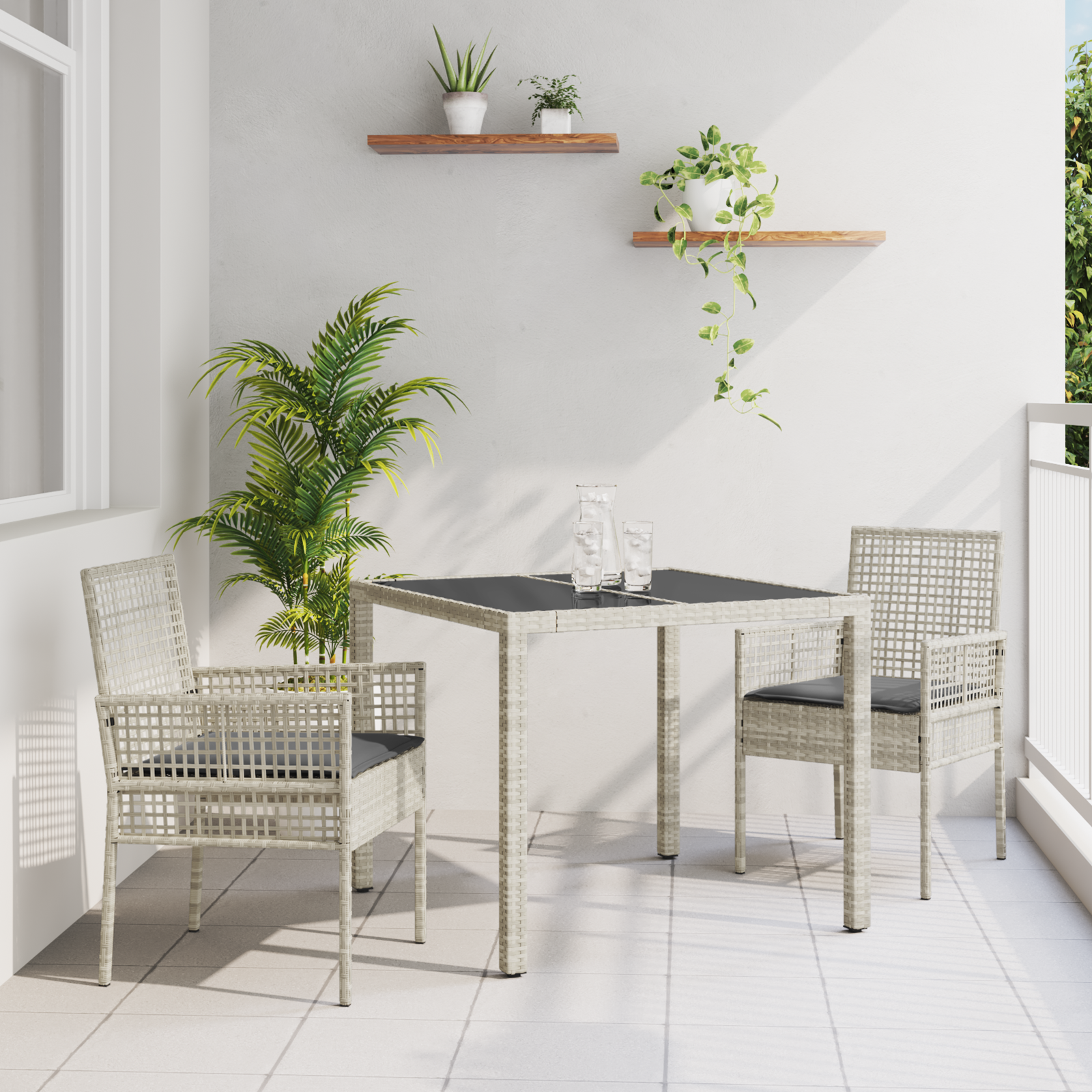 3 Piece Garden Dining Set with Cushions Light Grey Poly Rattan