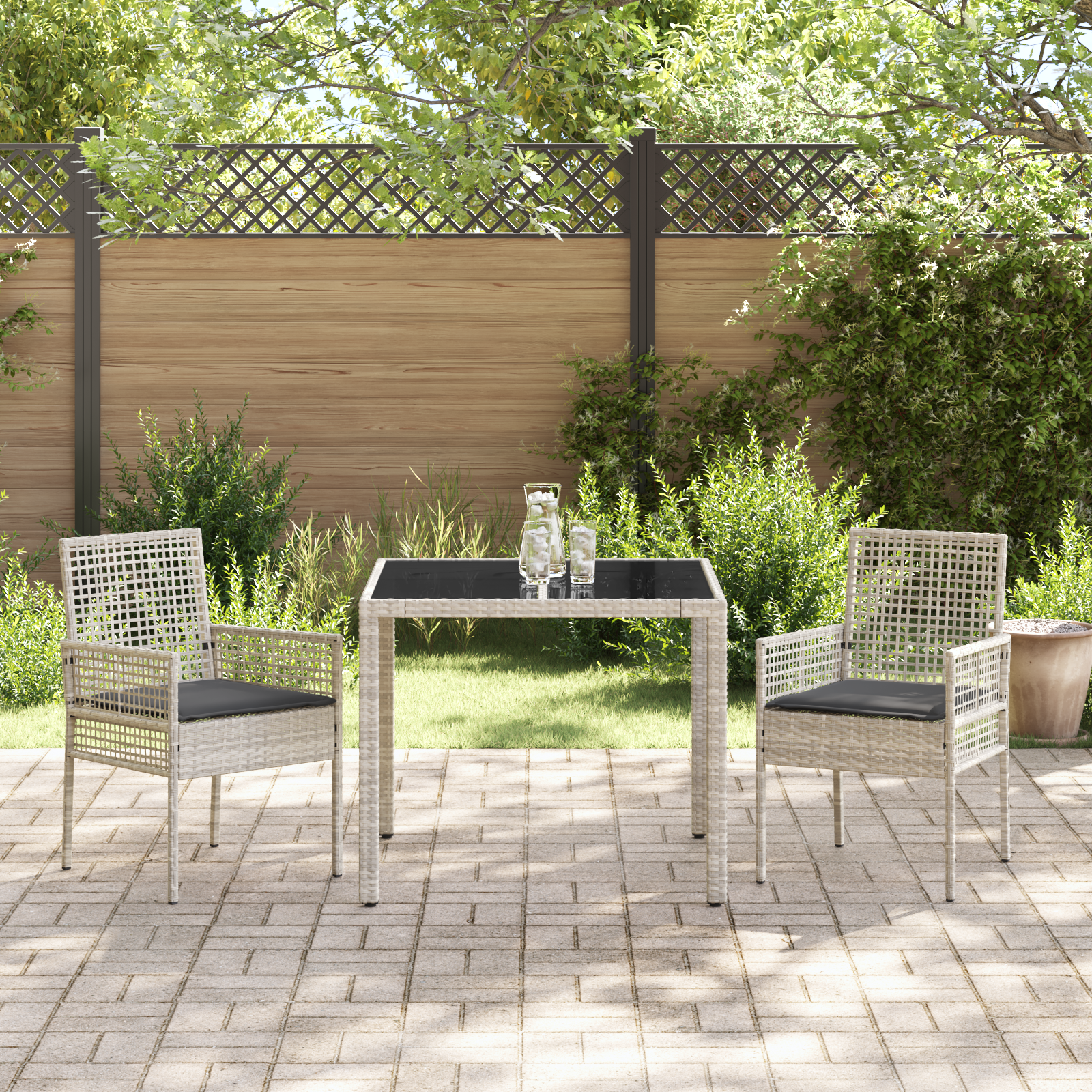 3 Piece Garden Dining Set with Cushions Light Grey Poly Rattan - Image 4