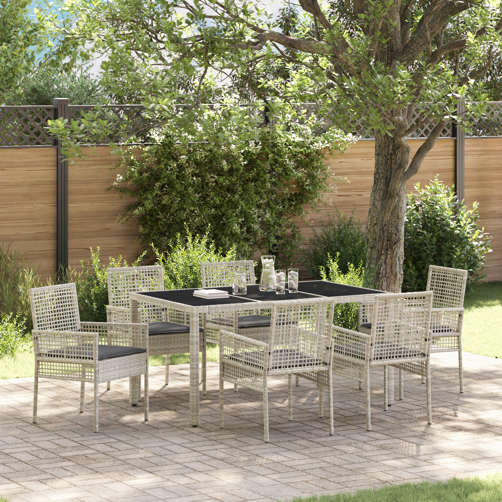 7 Piece Garden Dining Set with Cushions Light Grey Poly Rattan