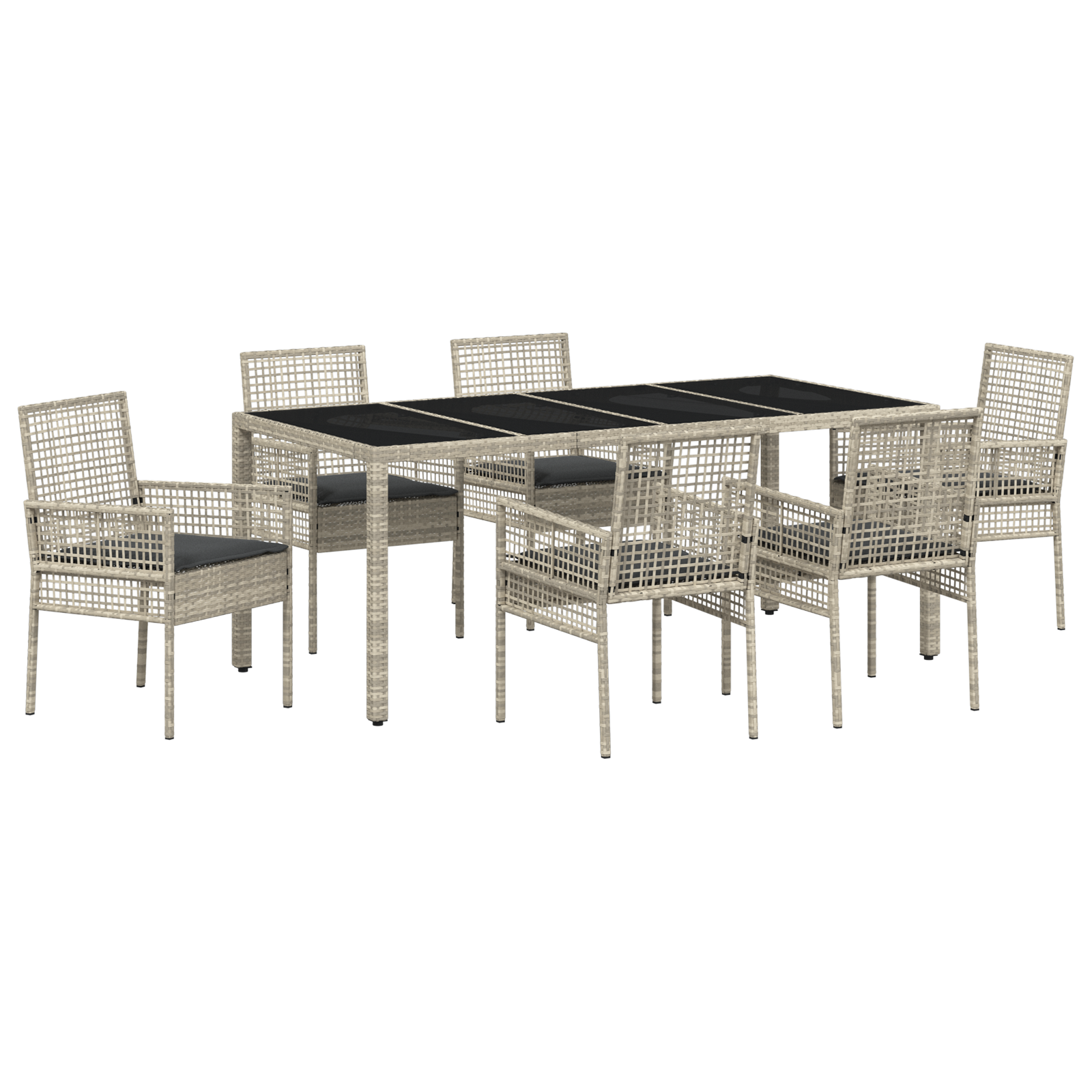 7 Piece Garden Dining Set with Cushions Light Grey Poly Rattan - Image 2