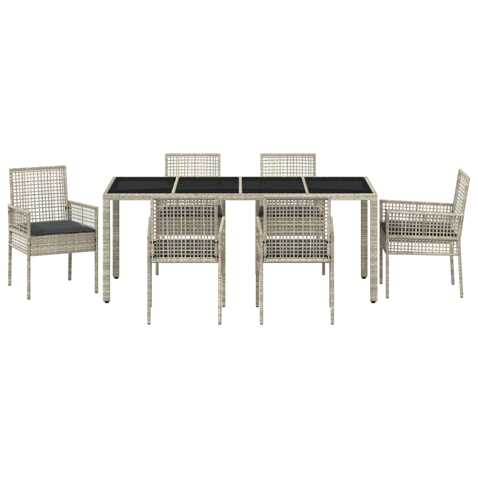 7 Piece Garden Dining Set with Cushions Light Grey Poly Rattan - Image 7
