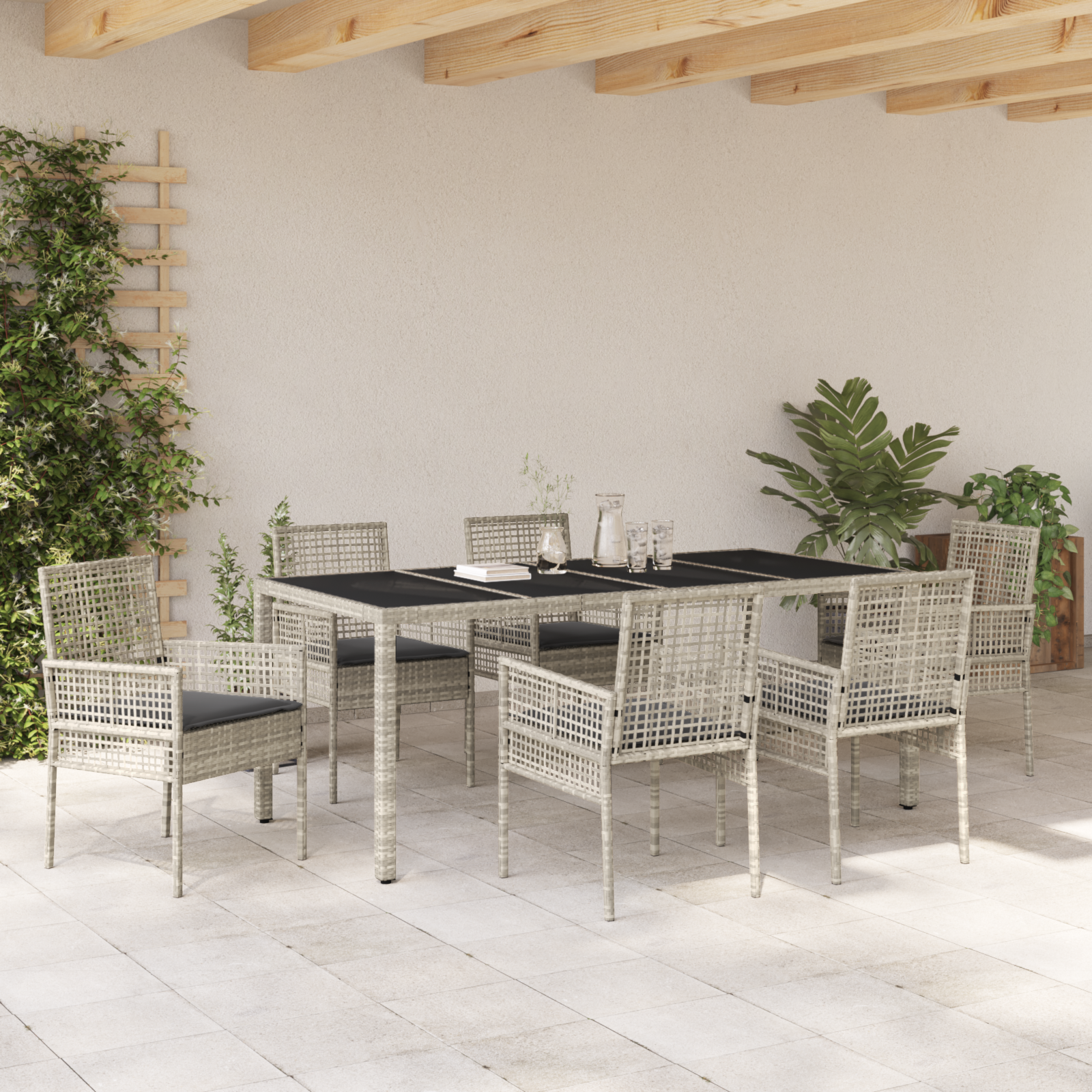 7 Piece Garden Dining Set with Cushions Light Grey Poly Rattan - Image 4
