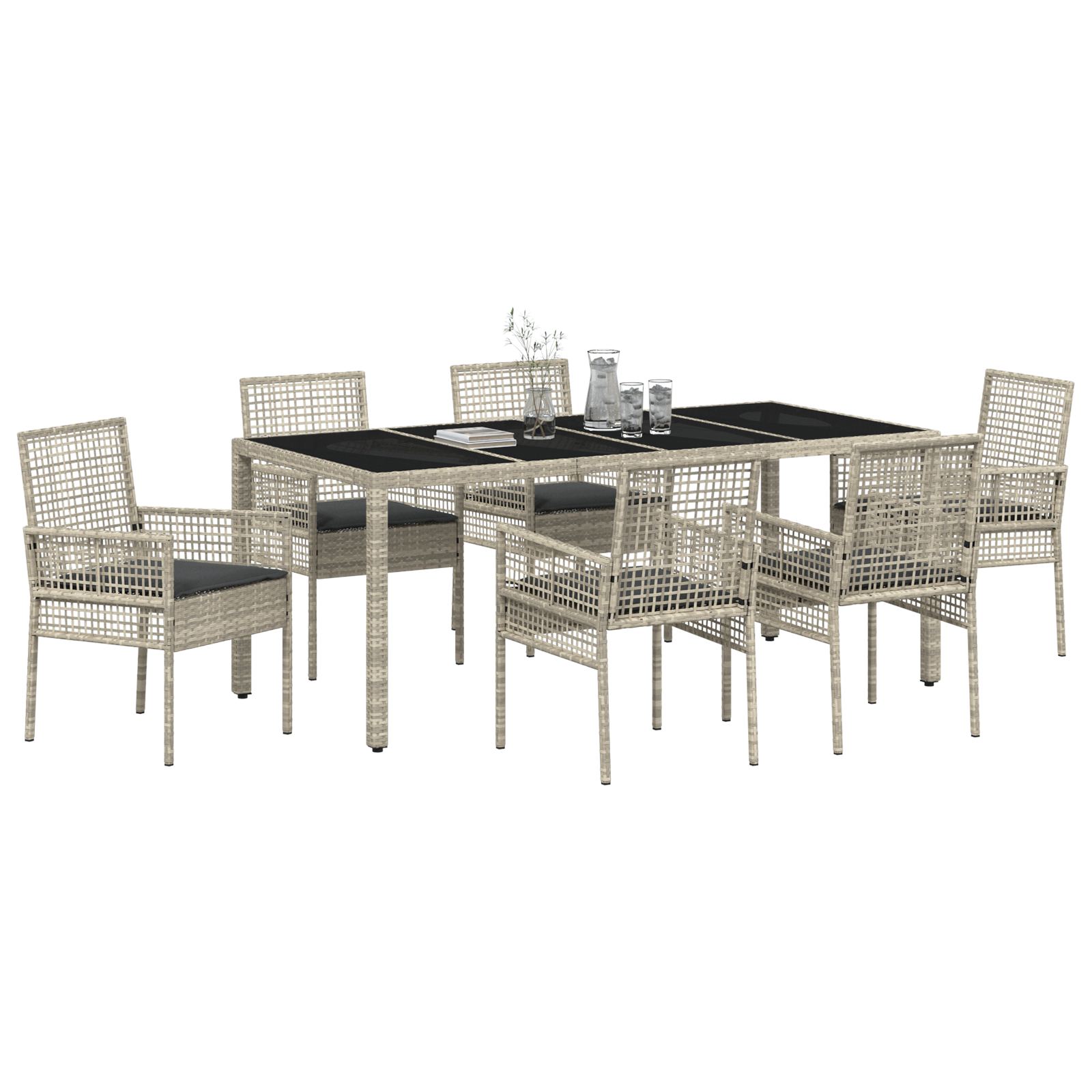 7 Piece Garden Dining Set with Cushions Light Grey Poly Rattan - Image 3