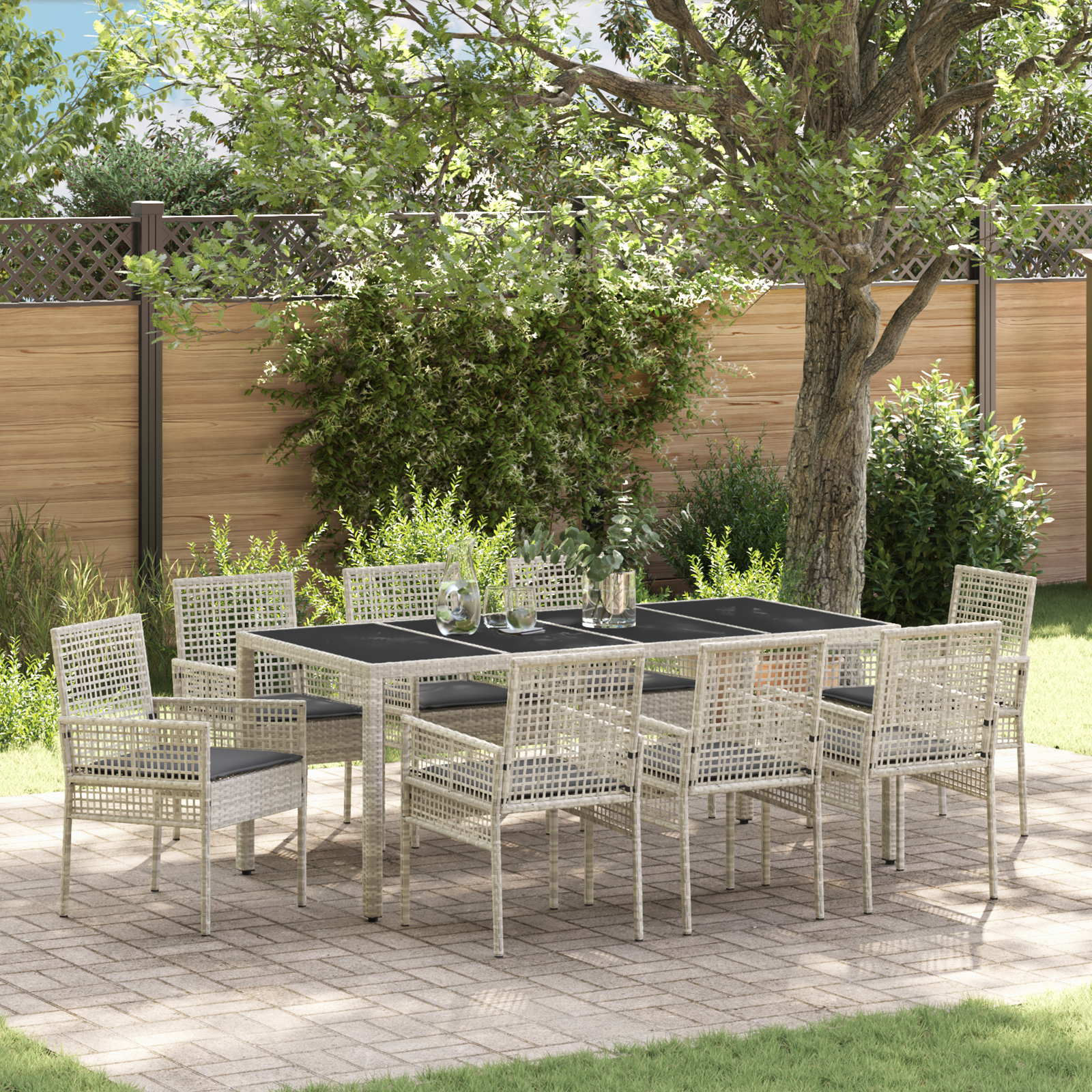 9 Piece Garden Dining Set Light Grey Poly Rattan