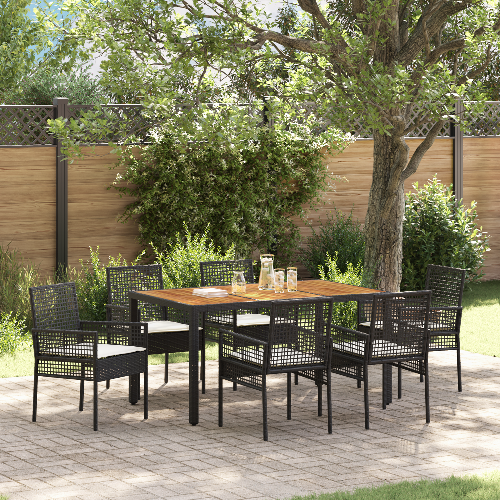 7 Piece Garden Dining Set with Cushions Black Poly Rattan