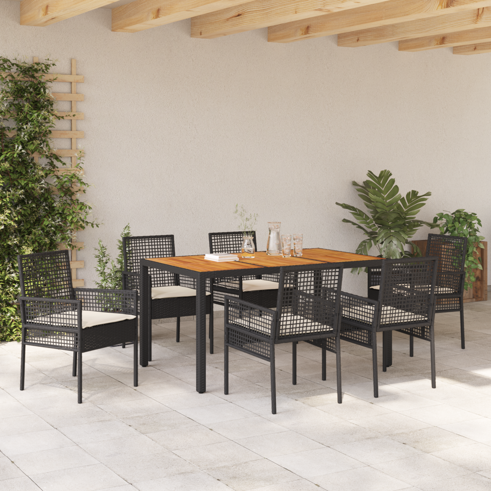 7 Piece Garden Dining Set with Cushions Black Poly Rattan - Image 4