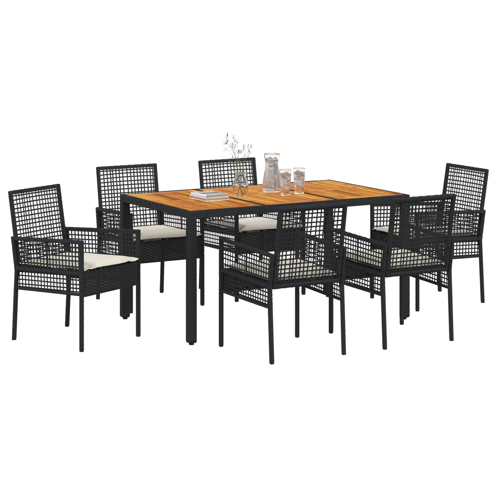 7 Piece Garden Dining Set with Cushions Black Poly Rattan - Image 3