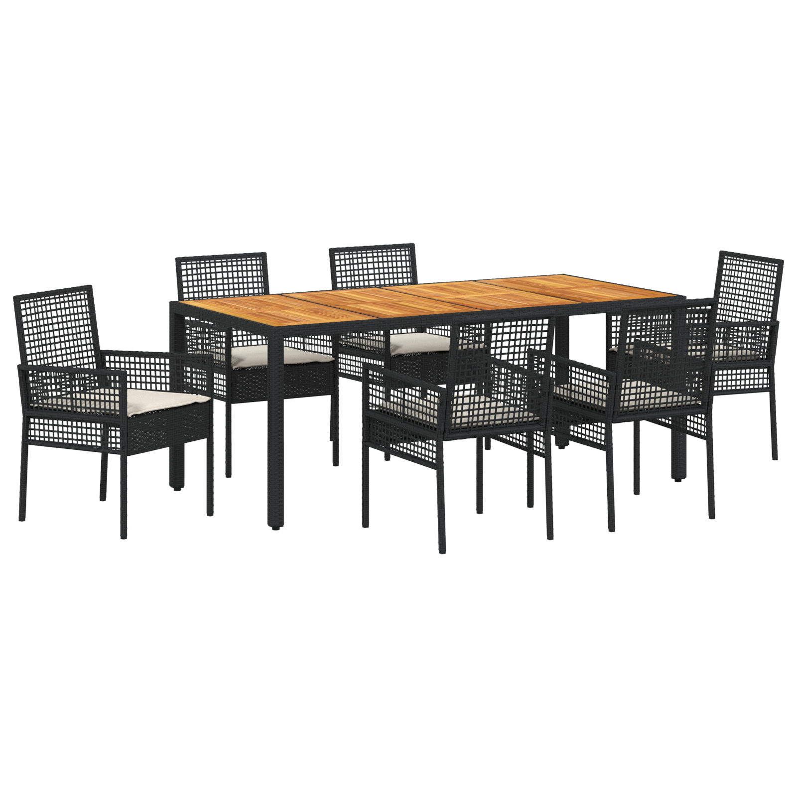 7 Piece Garden Dining Set with Cushions Black Poly Rattan - Image 2