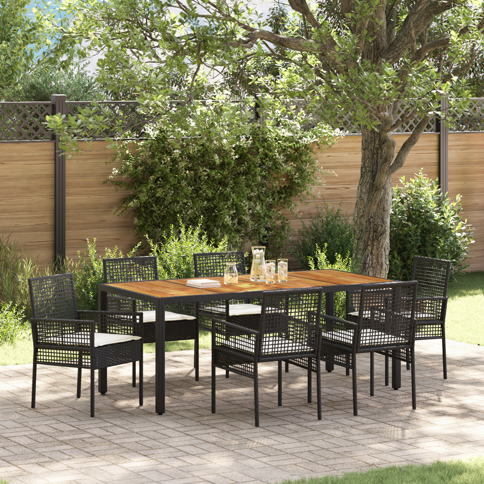 7 Piece Garden Dining Set with Cushions Black Poly Rattan