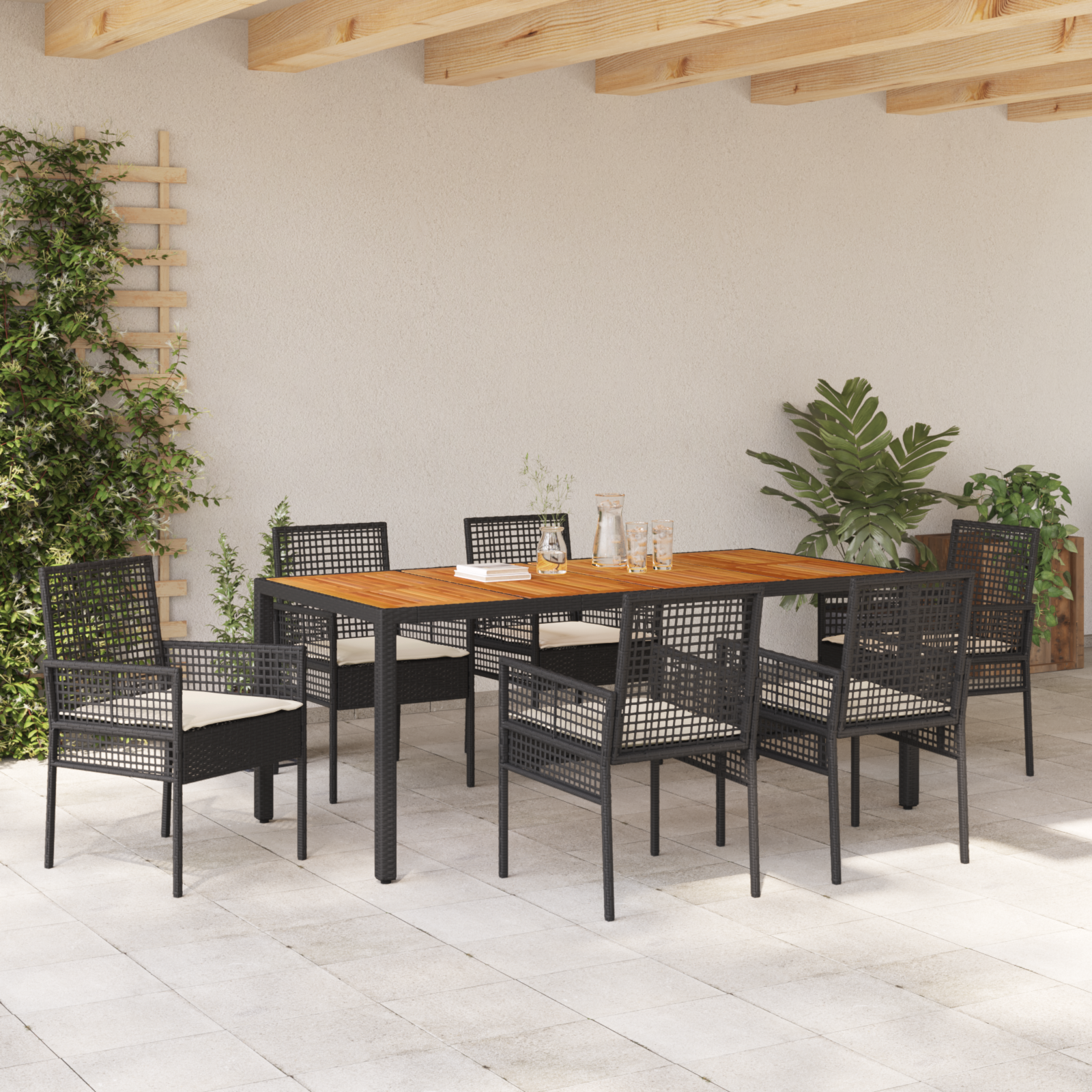 7 Piece Garden Dining Set with Cushions Black Poly Rattan - Image 4