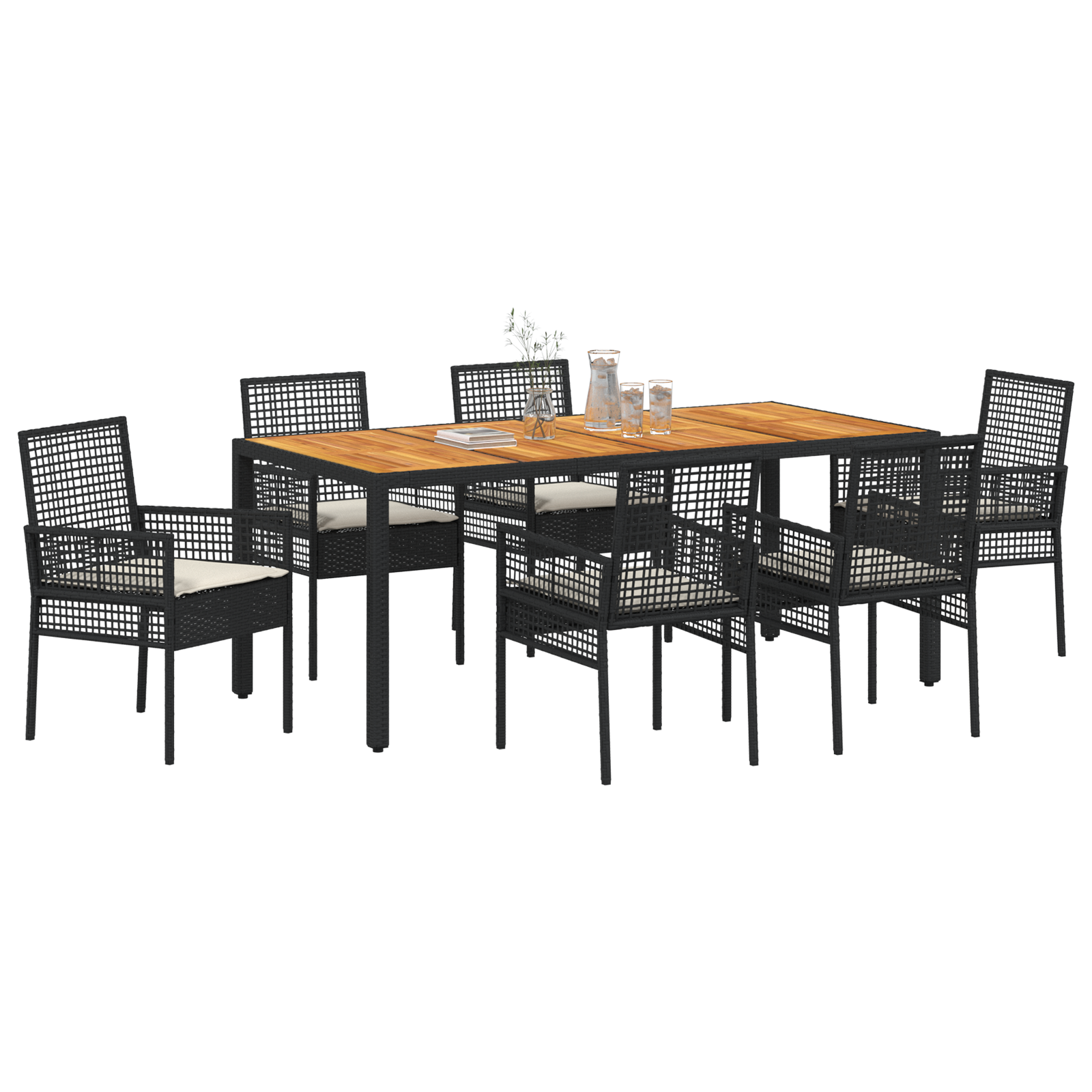 7 Piece Garden Dining Set with Cushions Black Poly Rattan - Image 3