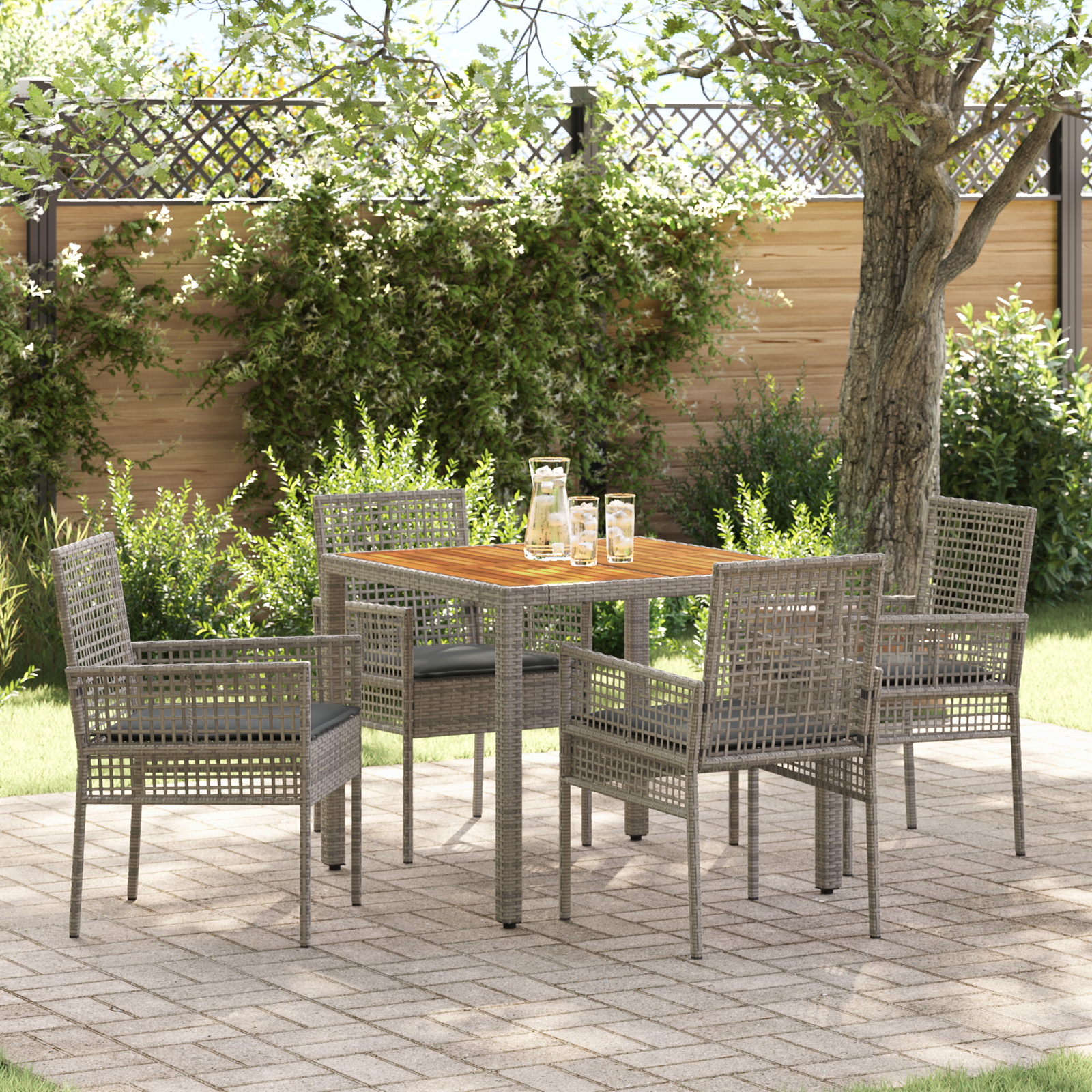 5 Piece Garden Dining Set with Cushions Grey Poly Rattan