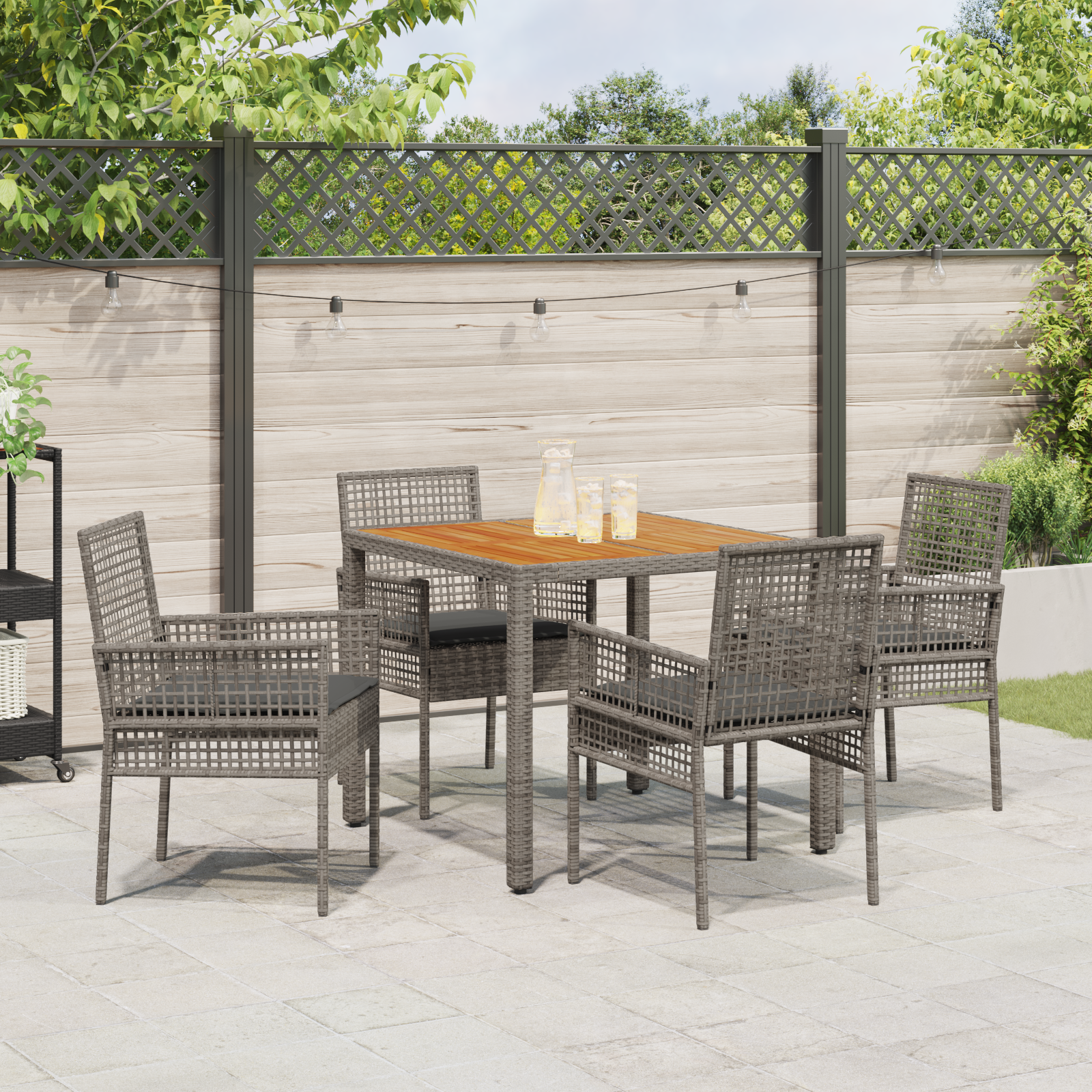 5 Piece Garden Dining Set with Cushions Grey Poly Rattan - Image 4