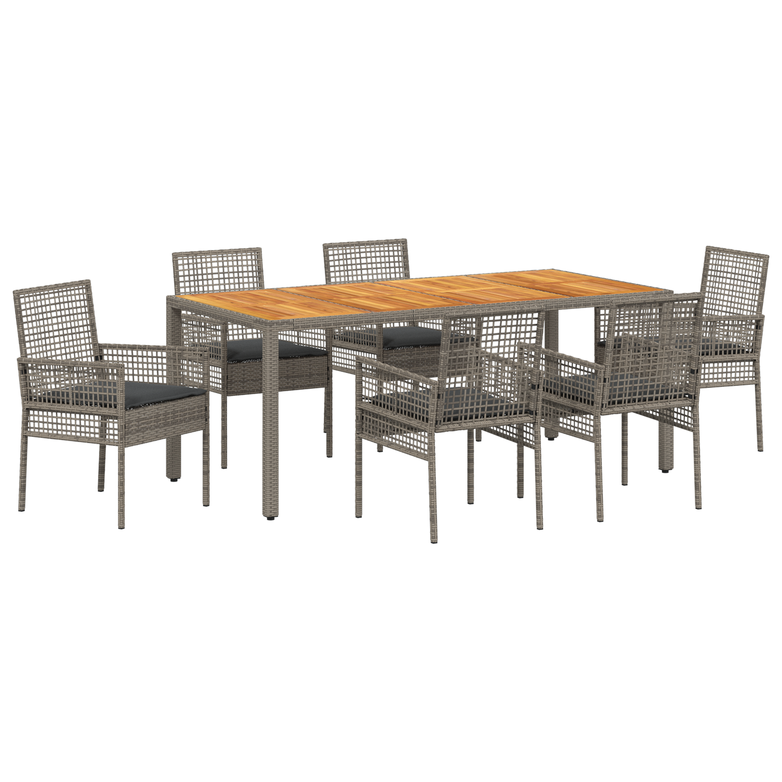 7 Piece Garden Dining Set with Cushions Grey Poly Rattan - Image 2