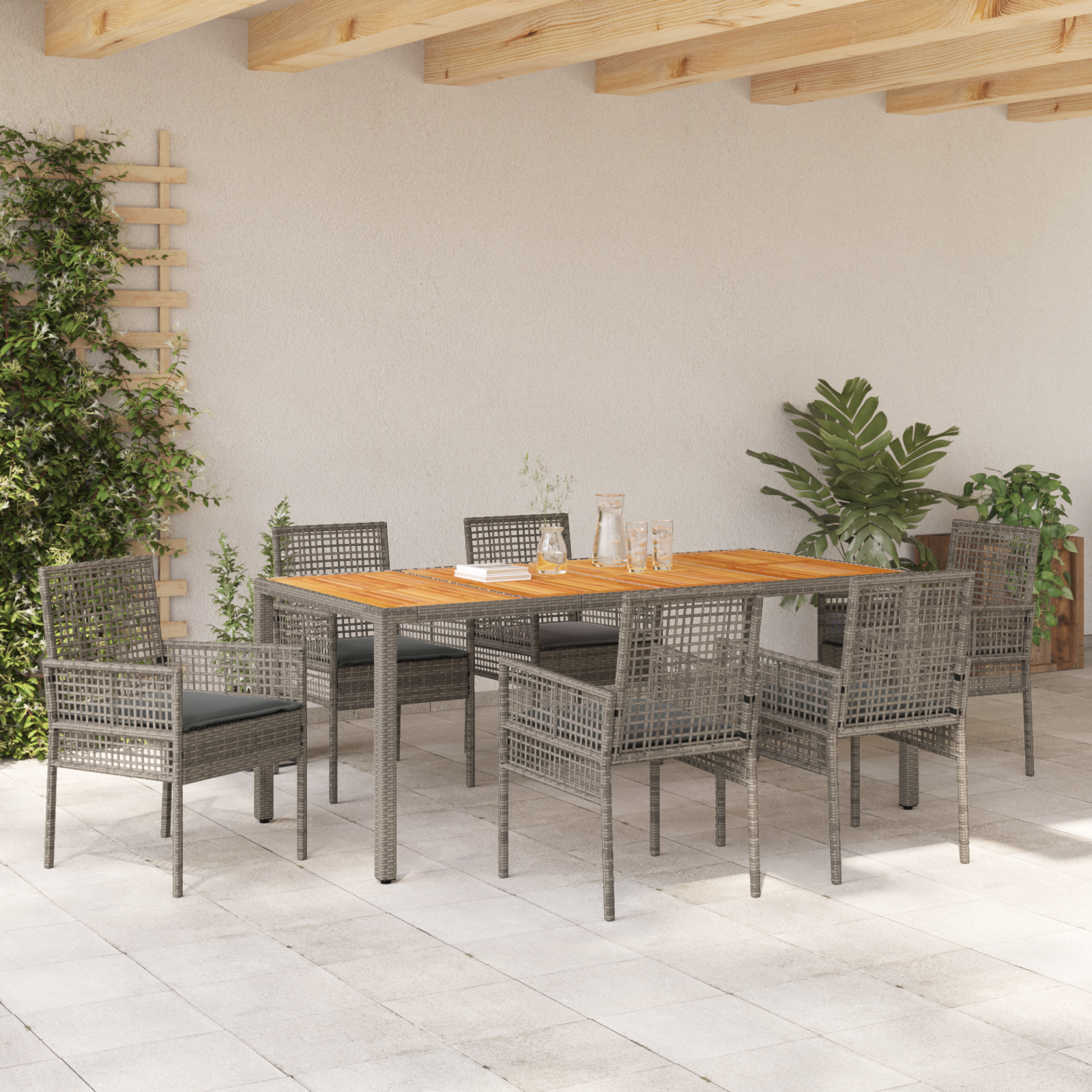 7 Piece Garden Dining Set with Cushions Grey Poly Rattan - Image 4