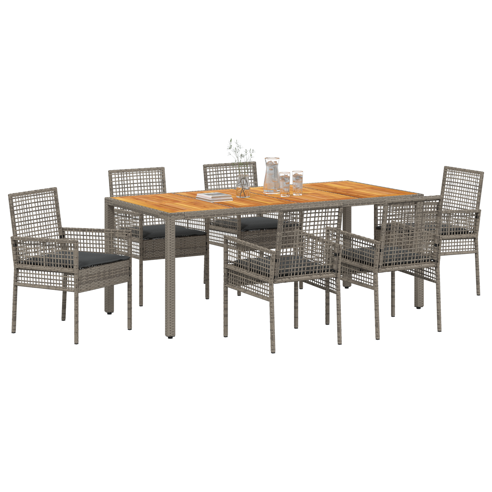 7 Piece Garden Dining Set with Cushions Grey Poly Rattan - Image 3