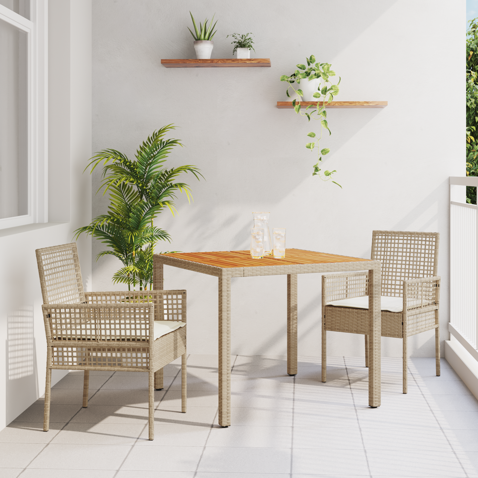 3 Piece Garden Dining Set with Cushions Beige Poly Rattan