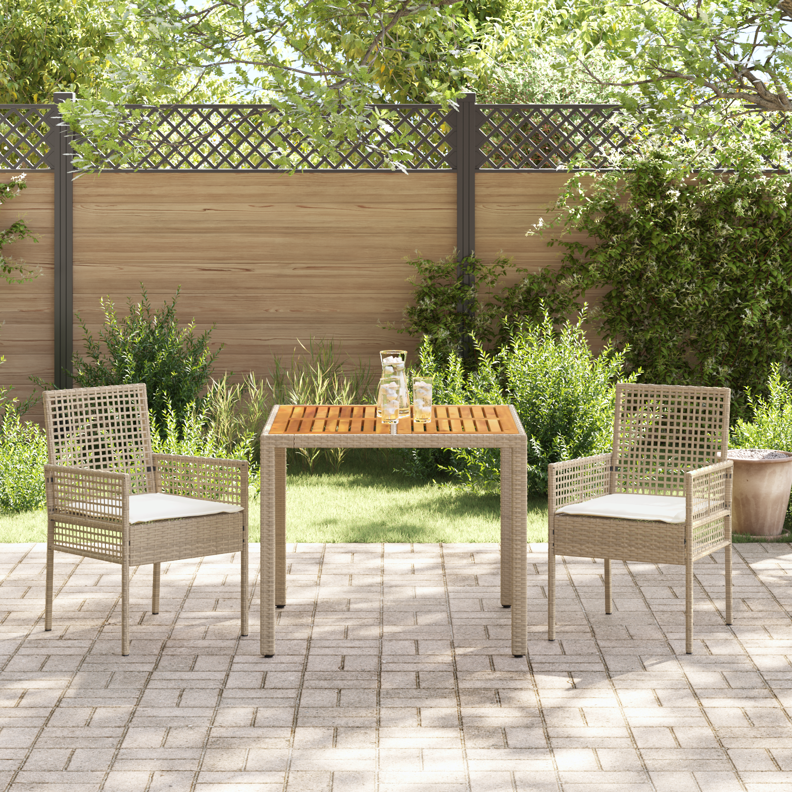 3 Piece Garden Dining Set with Cushions Beige Poly Rattan - Image 4