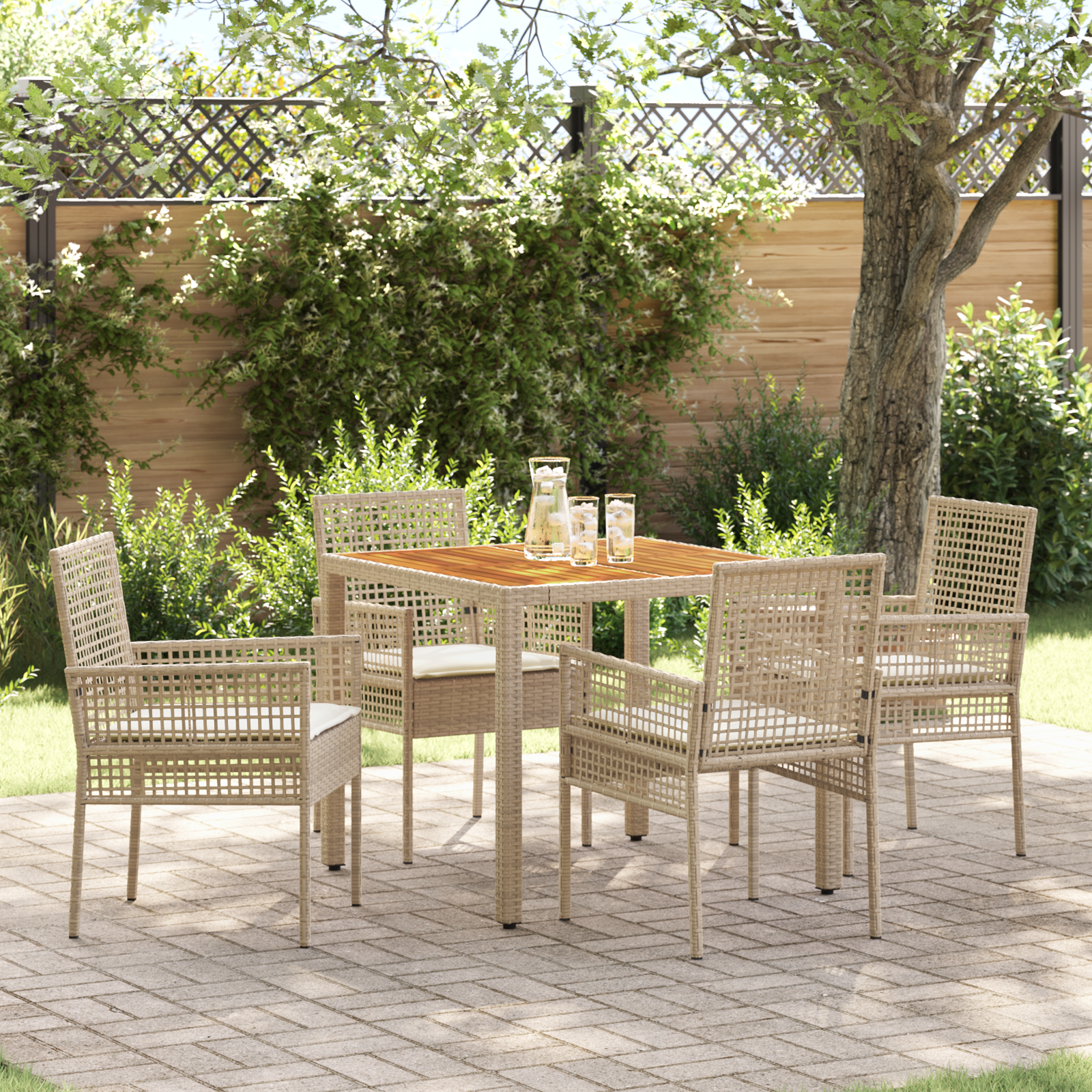 5 Piece Garden Dining Set with Cushions Beige Poly Rattan