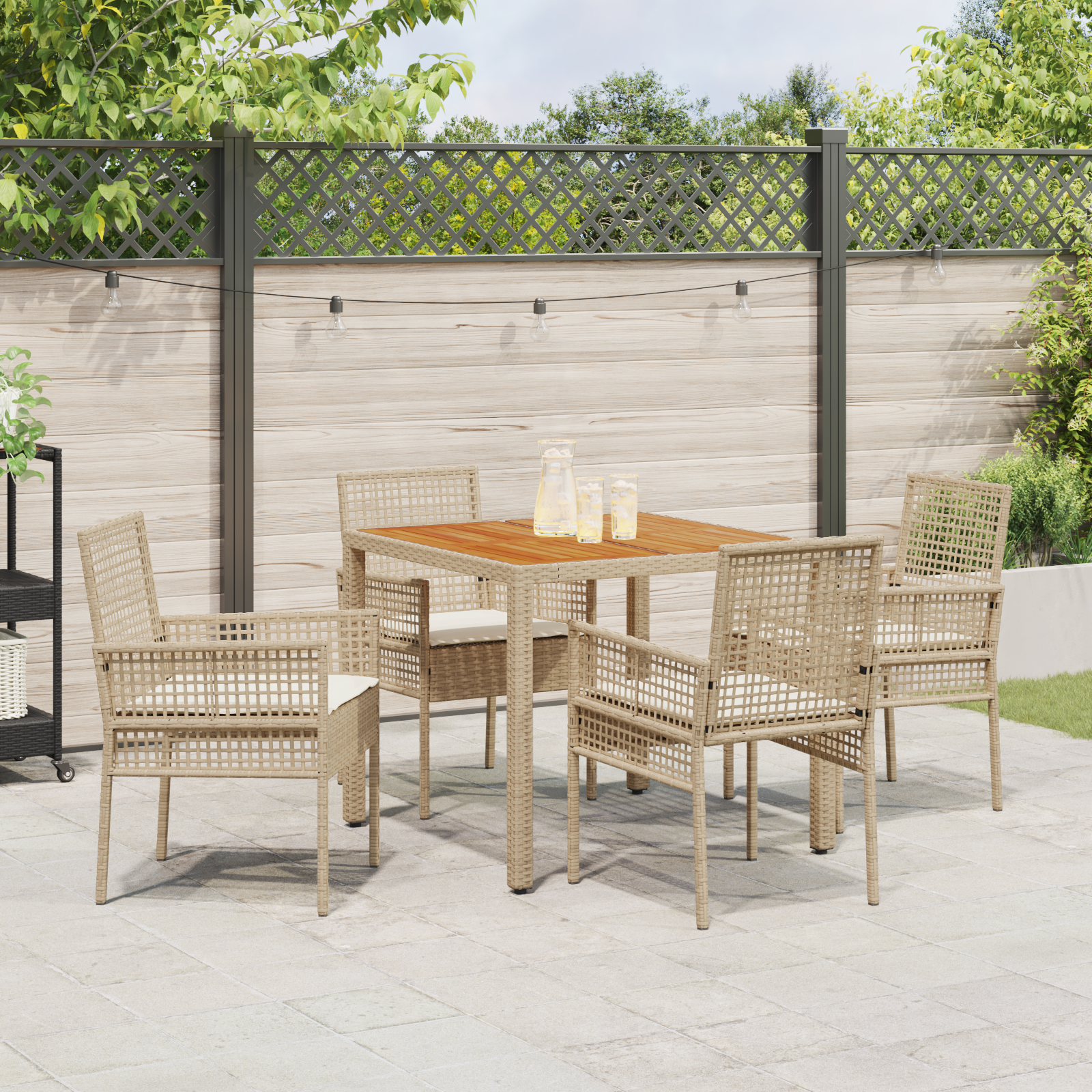 5 Piece Garden Dining Set with Cushions Beige Poly Rattan - Image 4