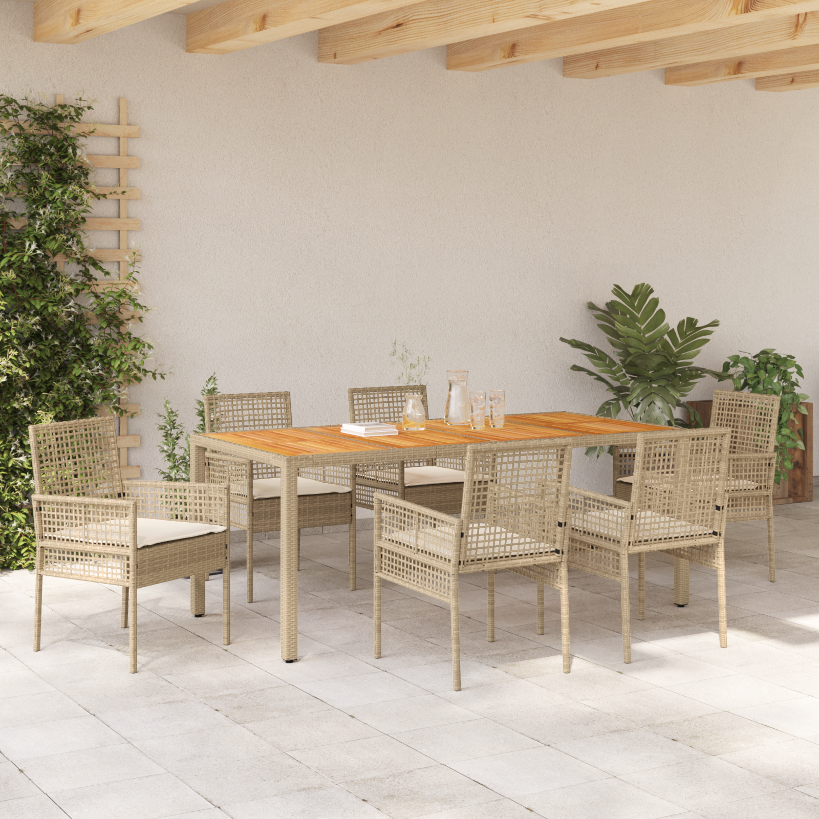 7 Piece Garden Dining Set with Cushions Beige Poly Rattan - Image 4