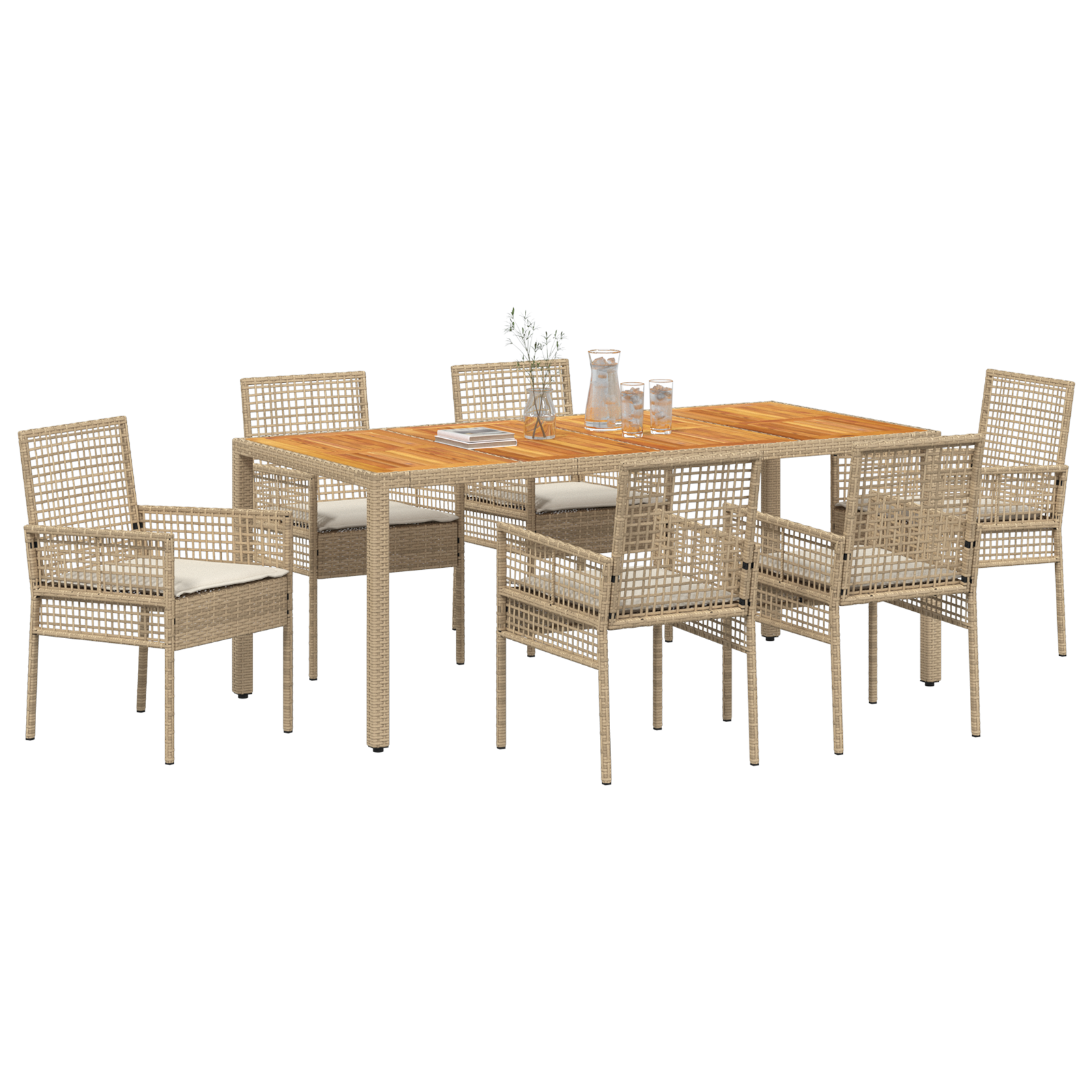 7 Piece Garden Dining Set with Cushions Beige Poly Rattan - Image 3