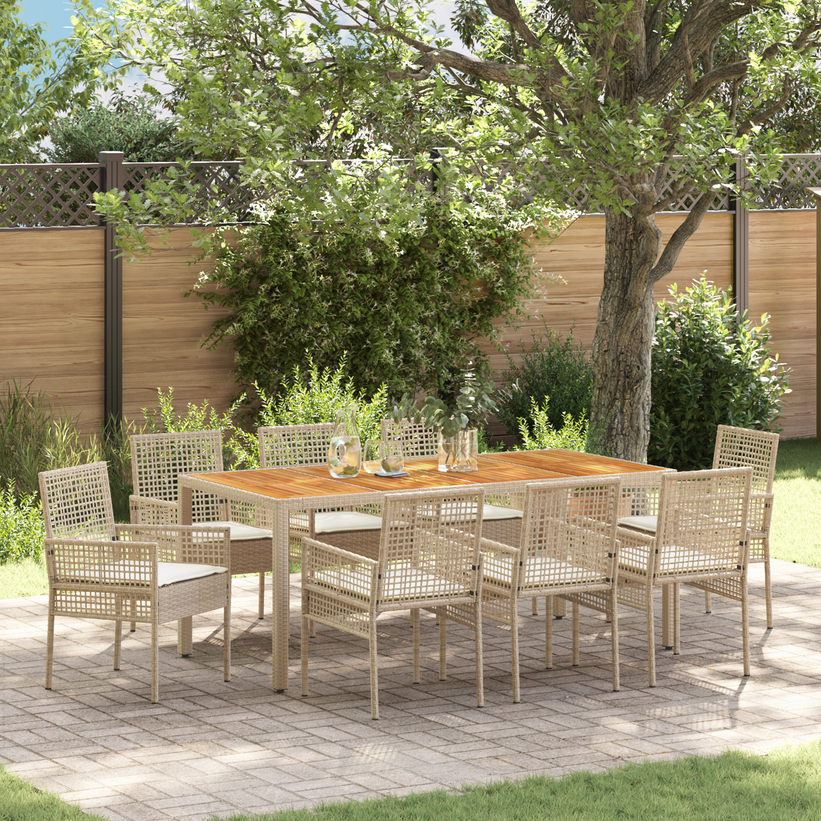 9 Piece Garden Dining Set with Cushions Beige Poly Rattan