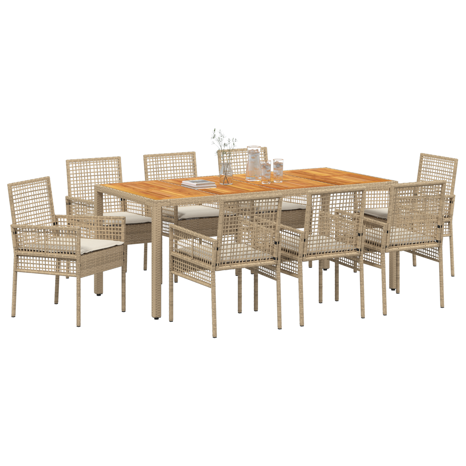 9 Piece Garden Dining Set with Cushions Beige Poly Rattan - Image 3