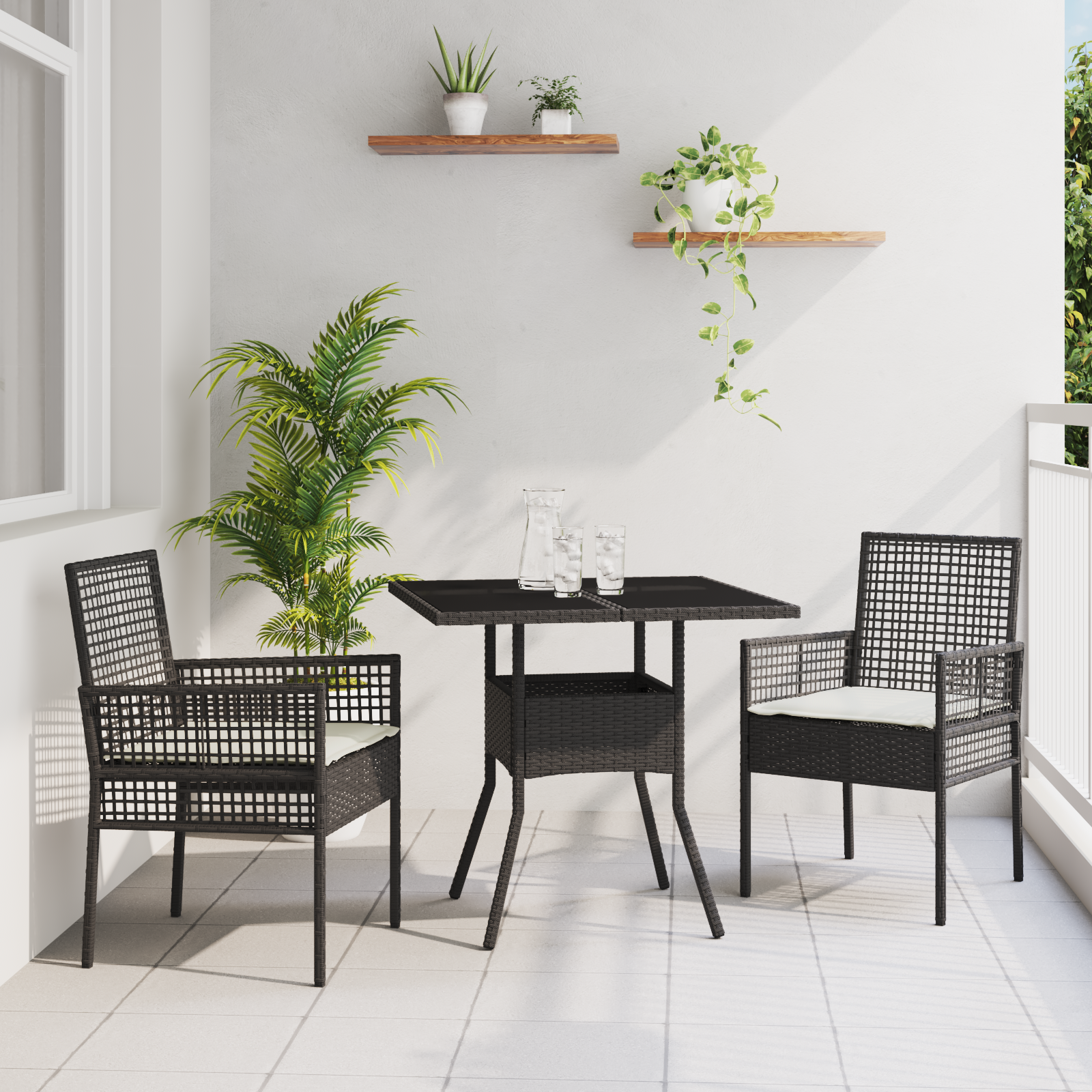 3 Piece Garden Dining Set Black Poly Rattan