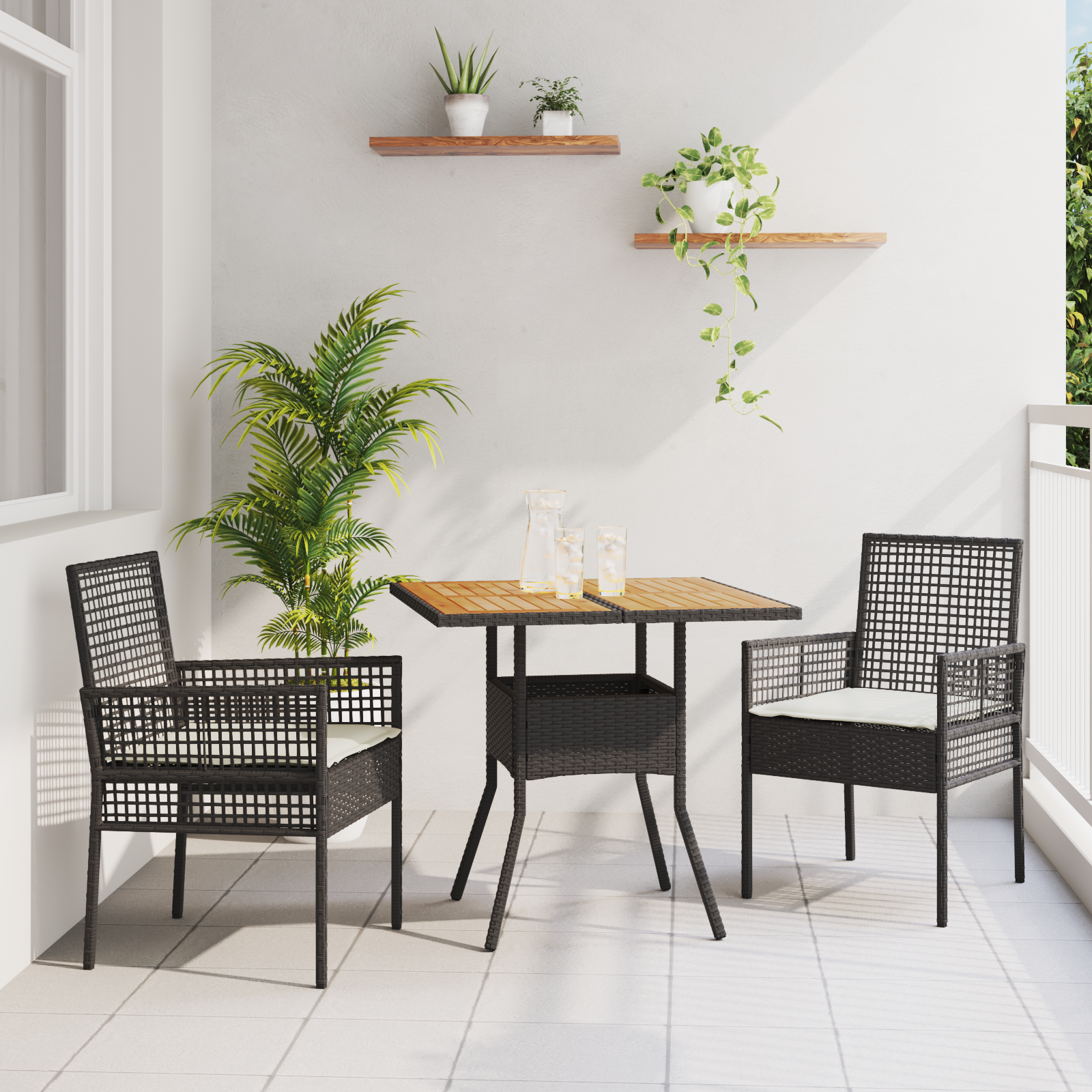 3 Piece Garden Dining Set with Cushions Black Poly Rattan