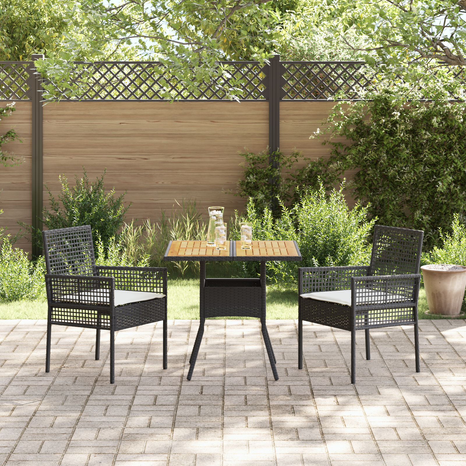 3 Piece Garden Dining Set with Cushions Black Poly Rattan - Image 4