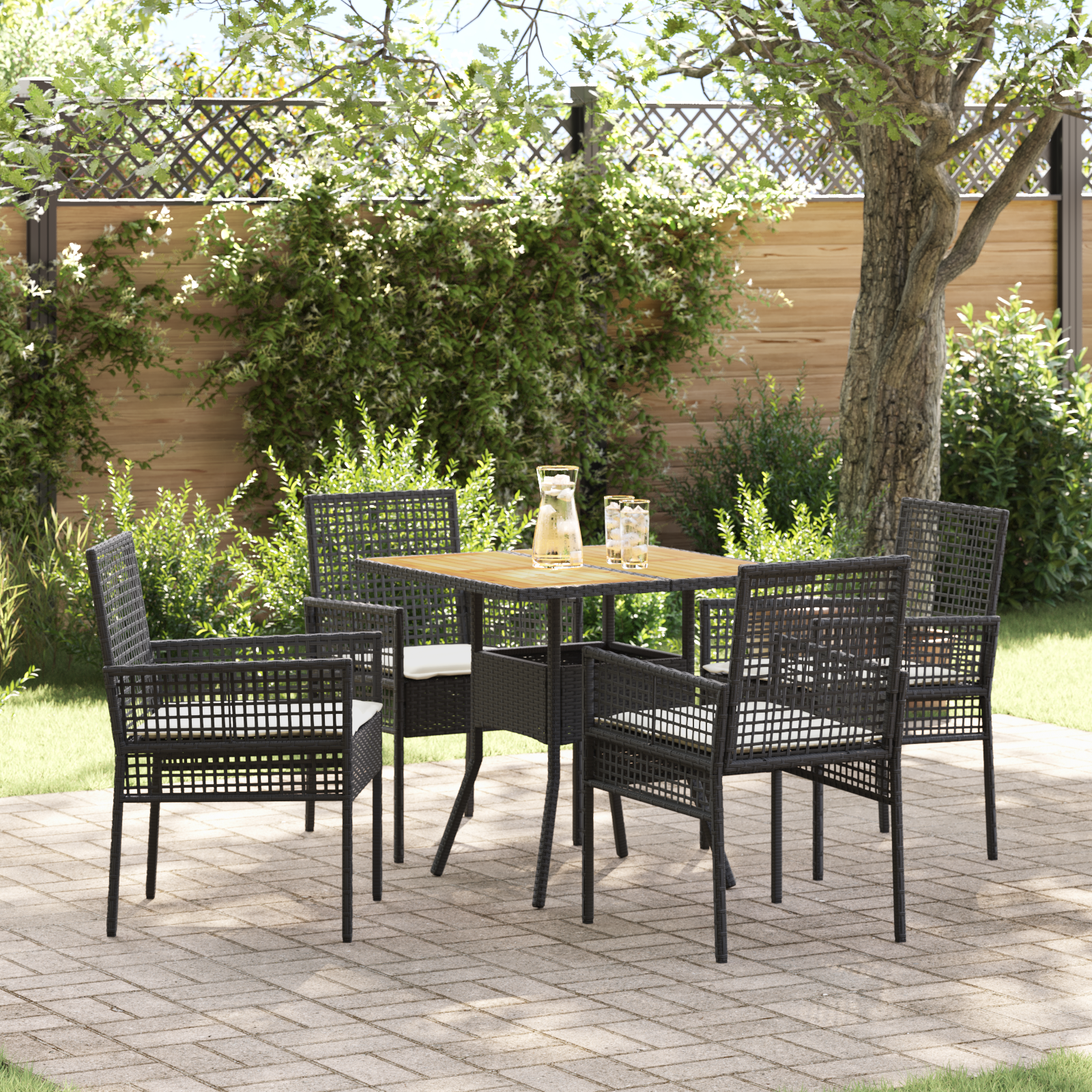 5 Piece Garden Dining Set with Cushions Black Poly Rattan