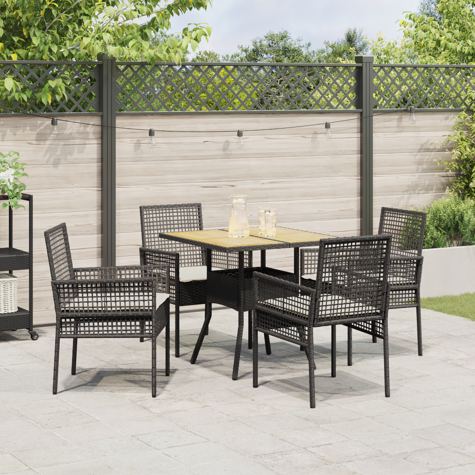 5 Piece Garden Dining Set with Cushions Black Poly Rattan - Image 4