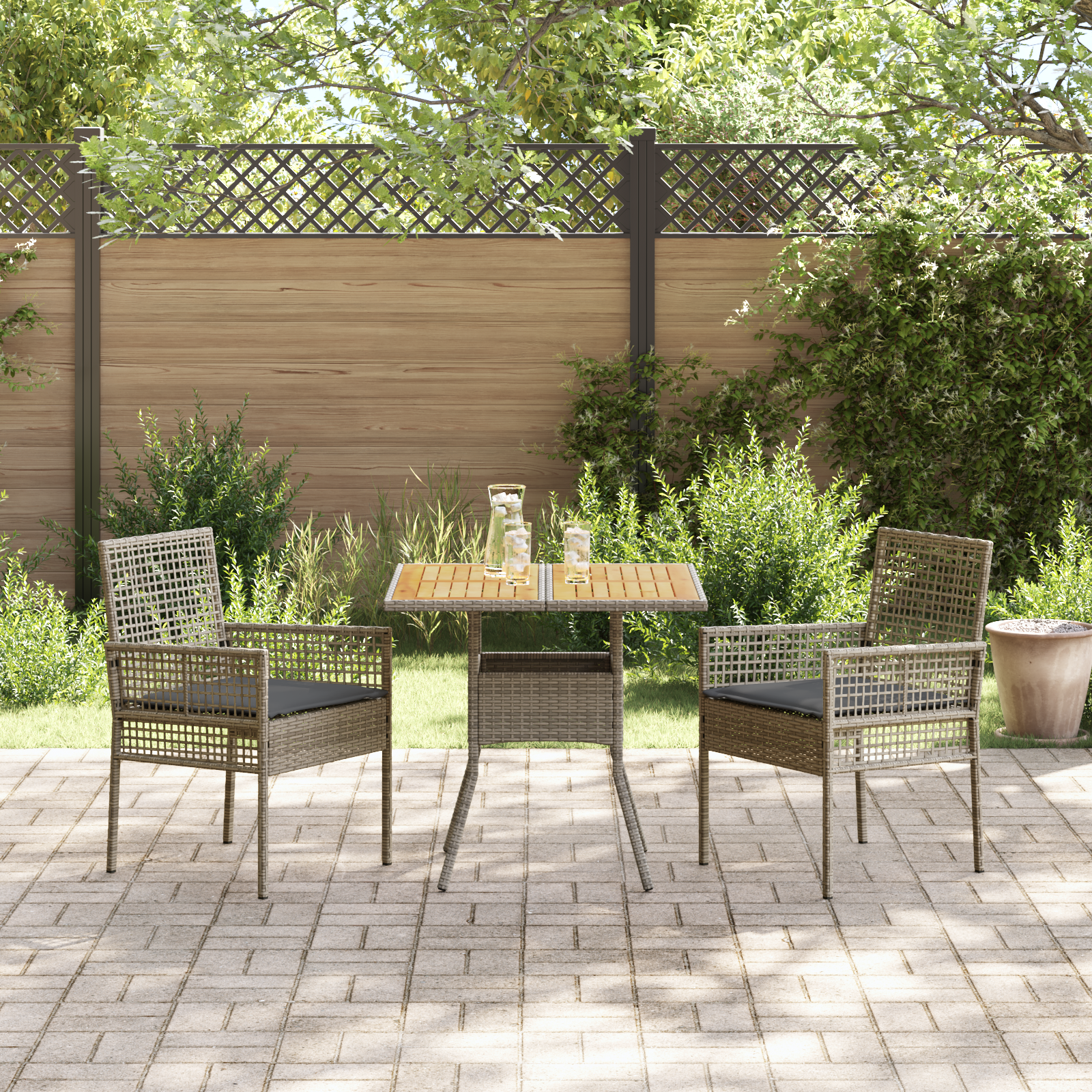 3 Piece Garden Dining Set with Cushions Grey Poly Rattan - Image 4