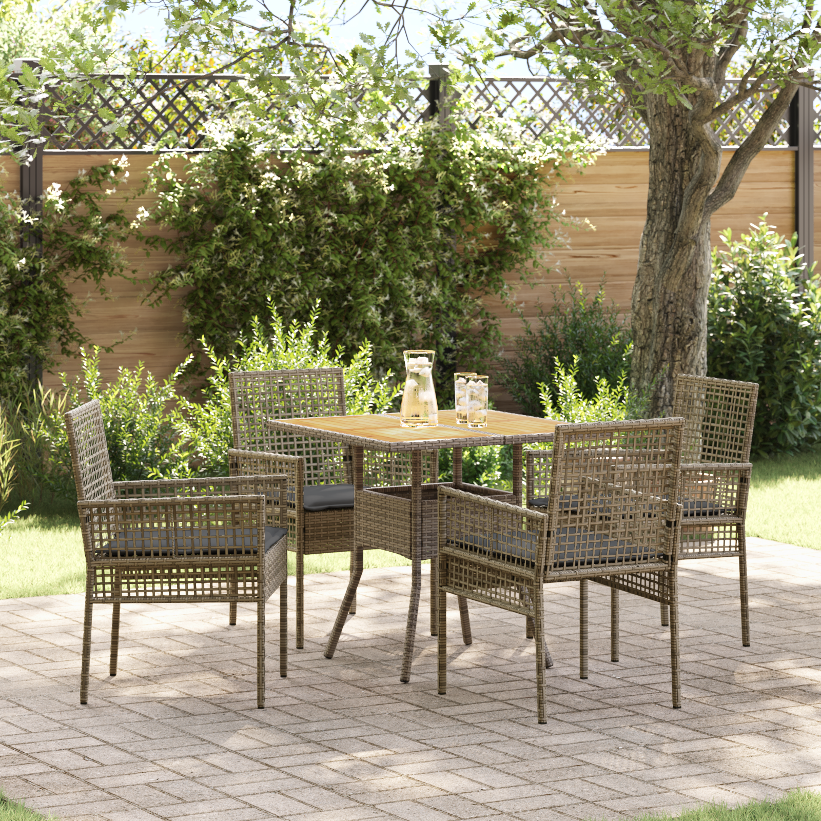 5 Piece Garden Dining Set with Cushions Grey Poly Rattan