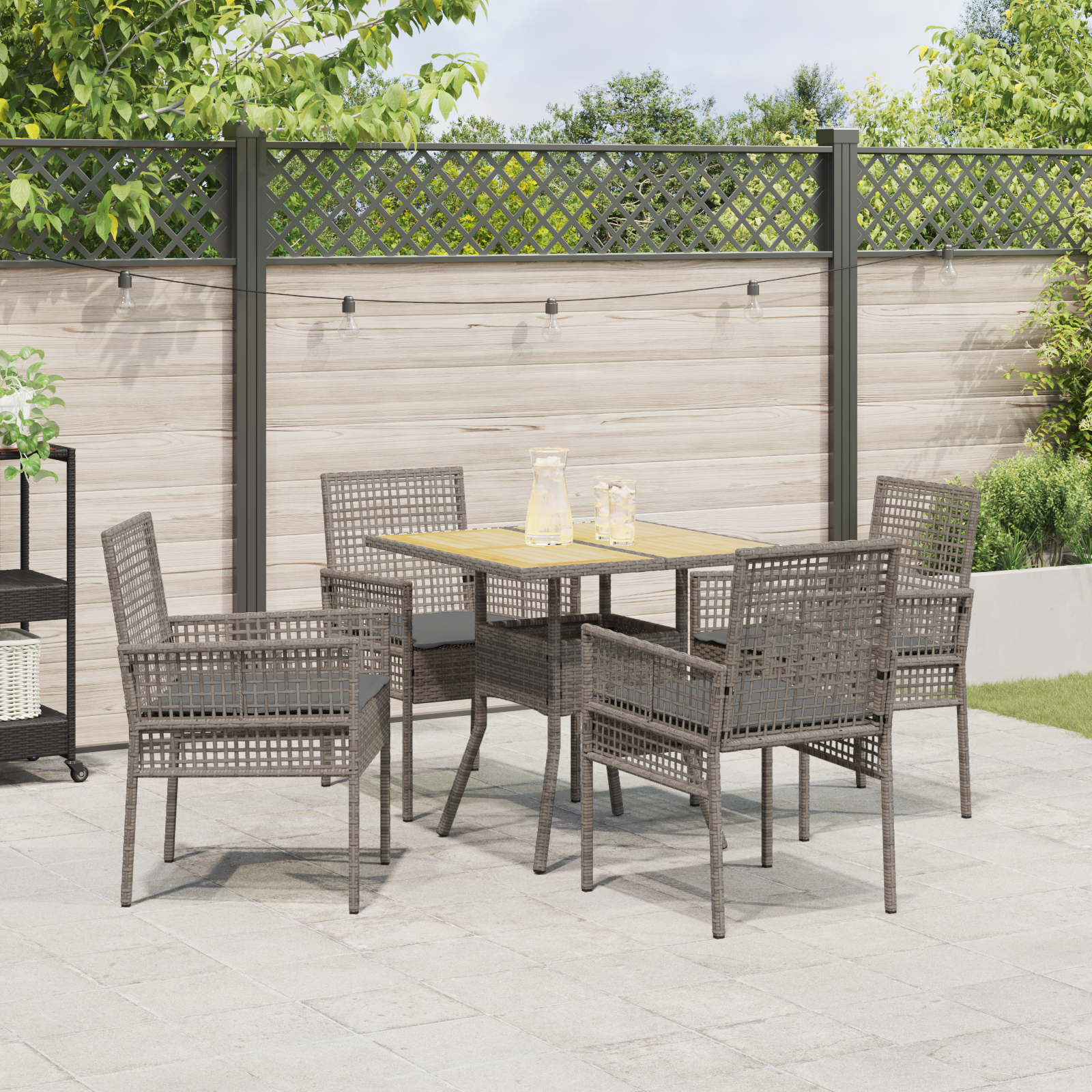5 Piece Garden Dining Set with Cushions Grey Poly Rattan - Image 4