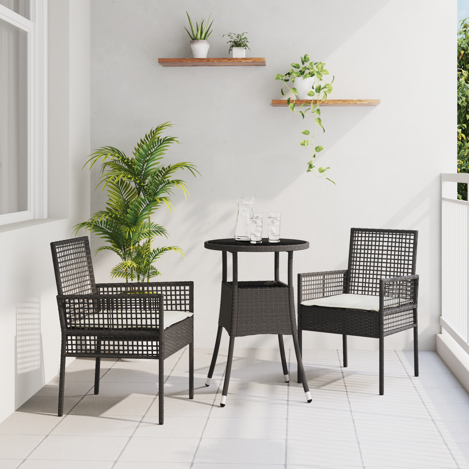3 Piece Garden Dining Set Black Poly Rattan