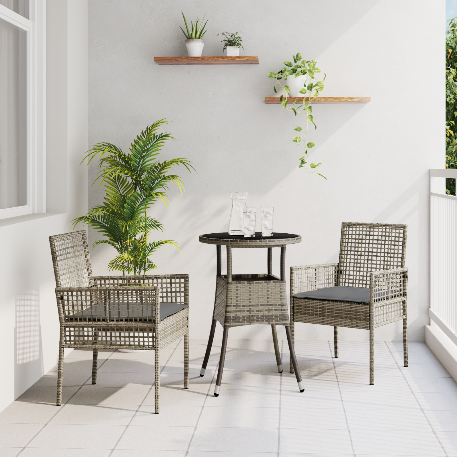 3 Piece Garden Dining Set Grey Poly Rattan