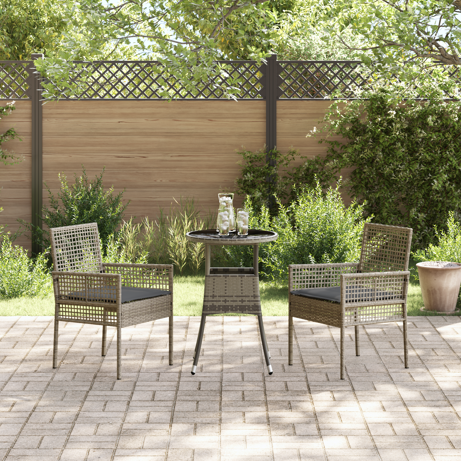 3 Piece Garden Dining Set Grey Poly Rattan - Image 4