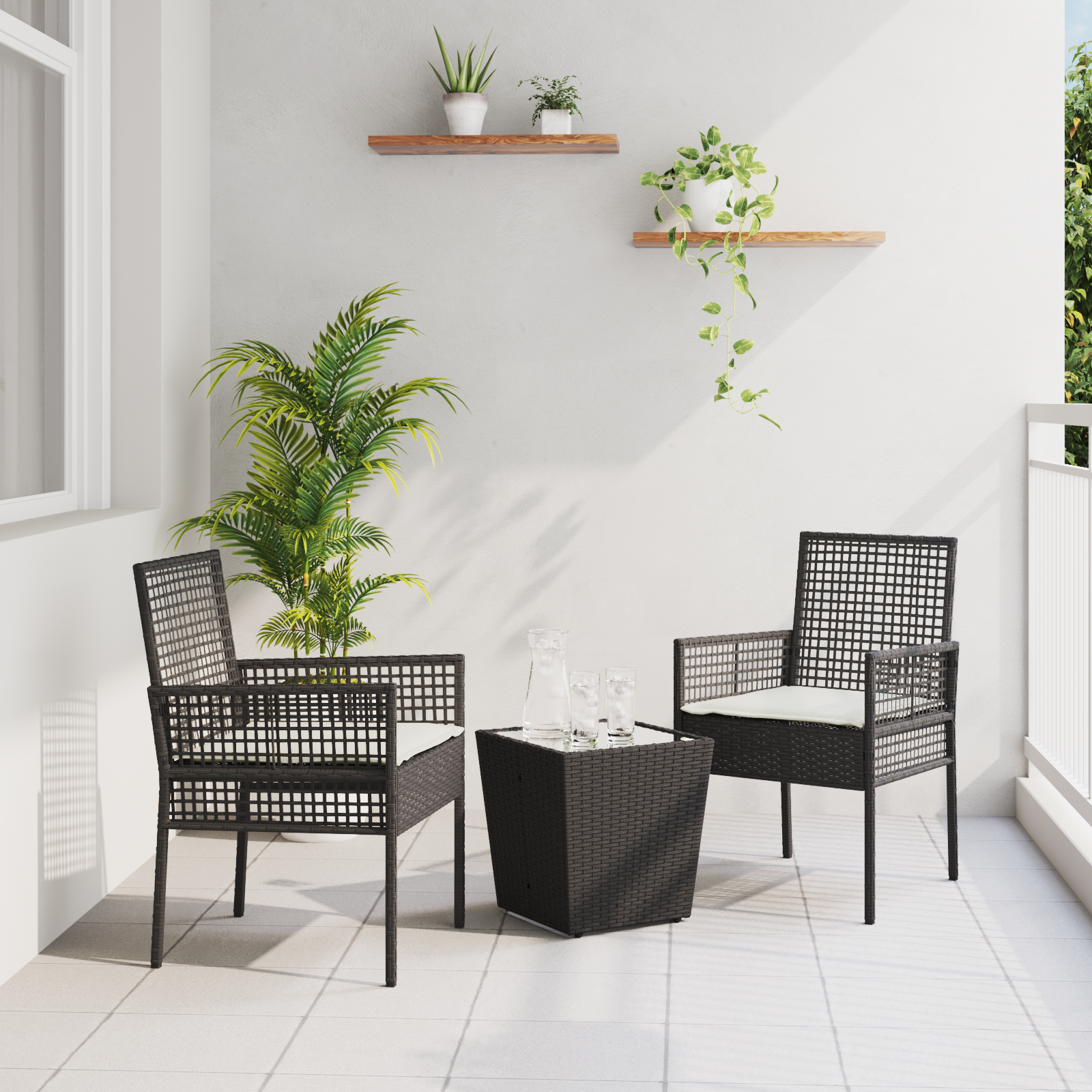 3 Piece Garden Bistro Set with Cushions Black Poly Rattan