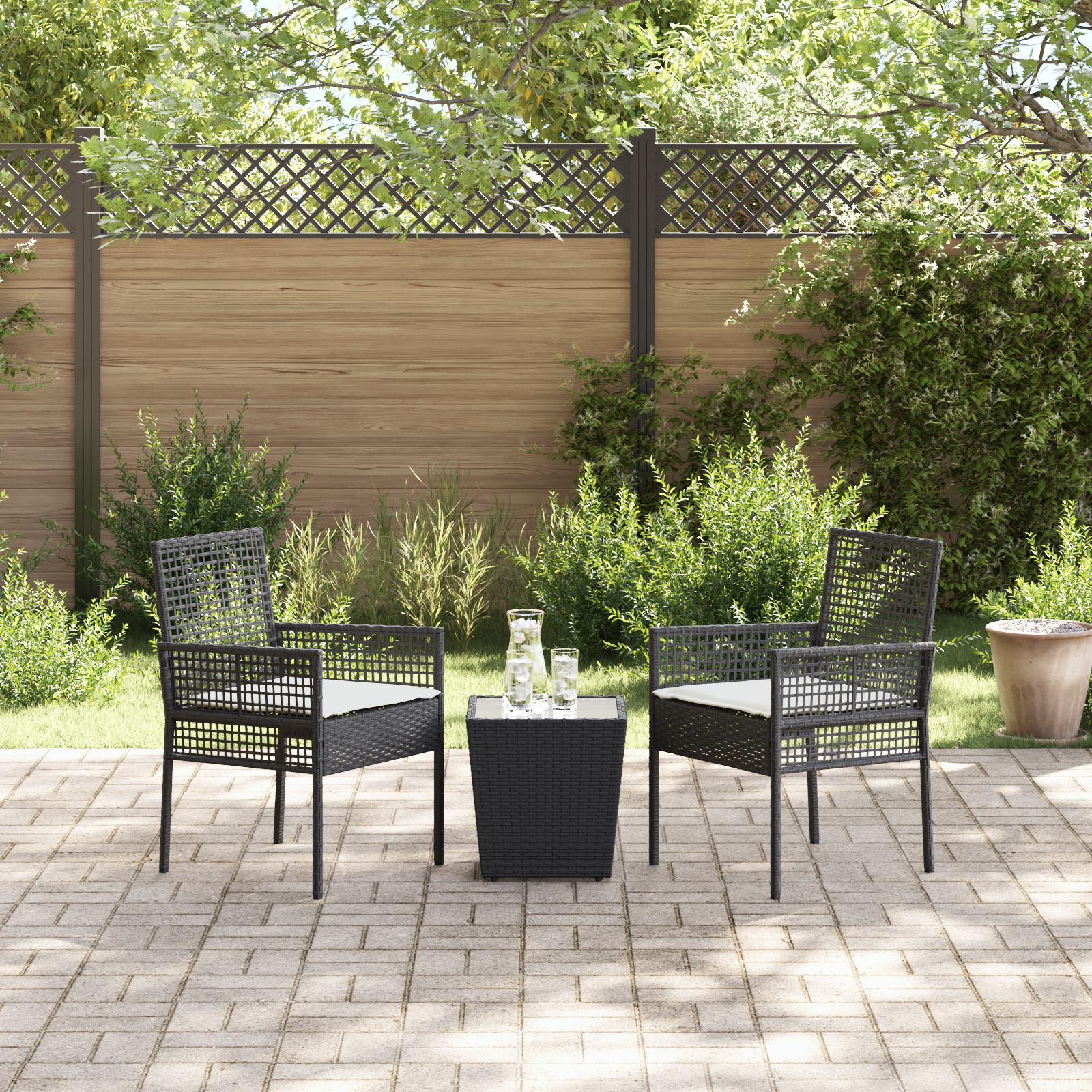 3 Piece Garden Bistro Set with Cushions Black Poly Rattan - Image 4