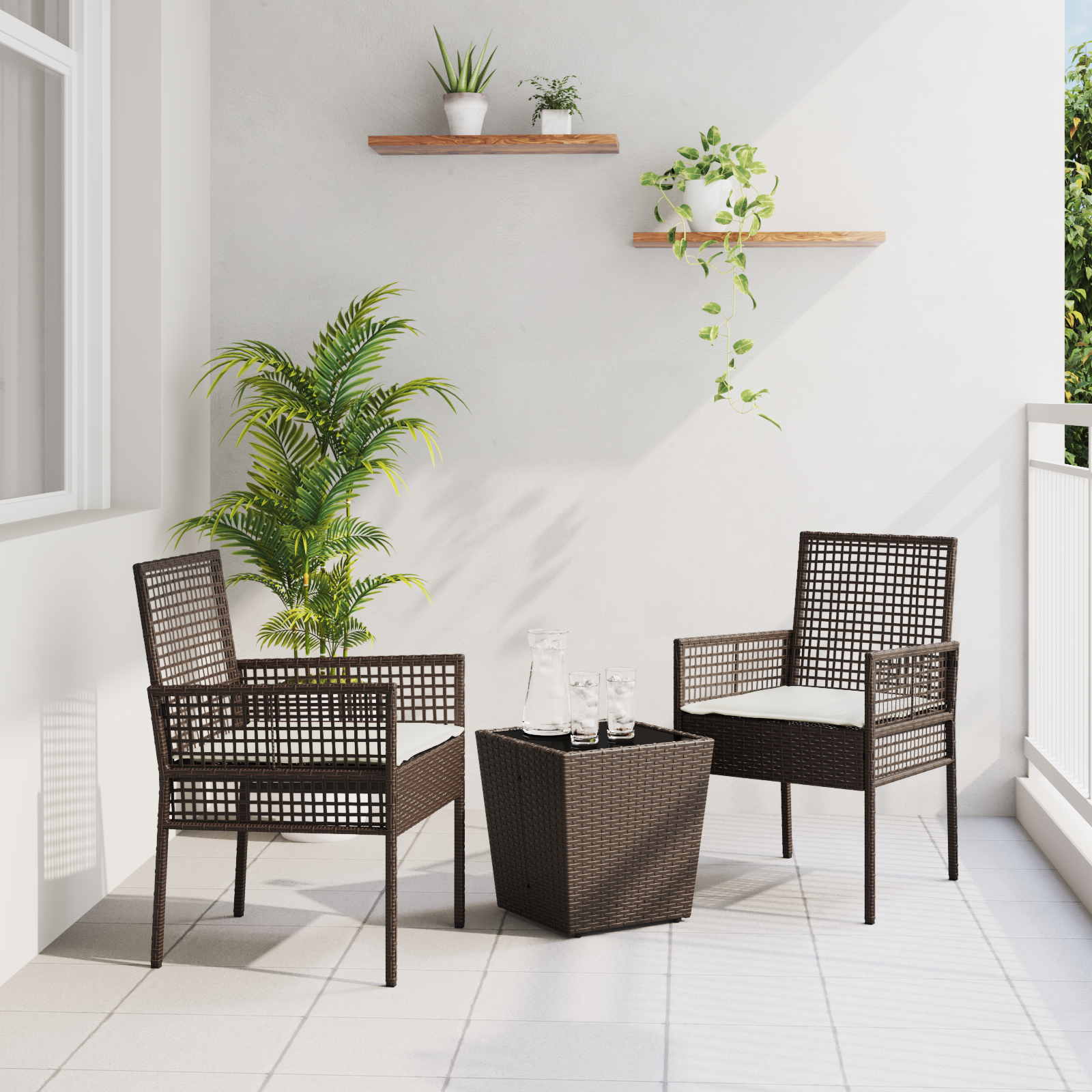 3 Piece Garden Bistro Set with Cushions Brown Poly Rattan