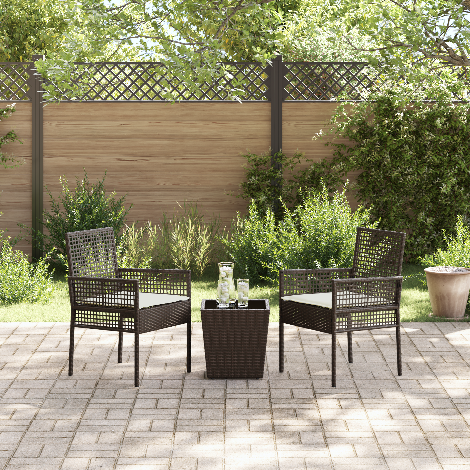 3 Piece Garden Bistro Set with Cushions Brown Poly Rattan - Image 4