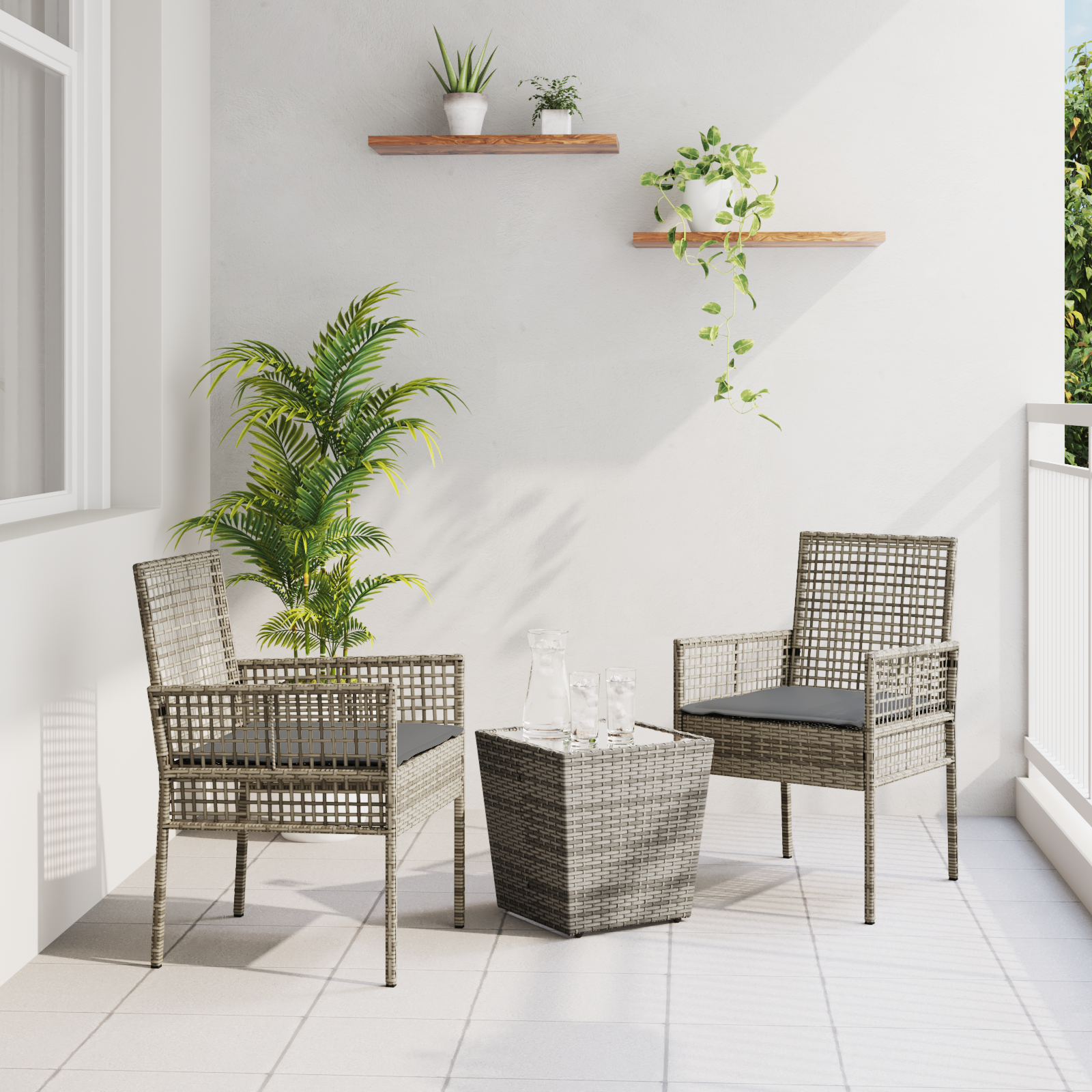3 Piece Garden Bistro Set with Cushions Grey Poly Rattan