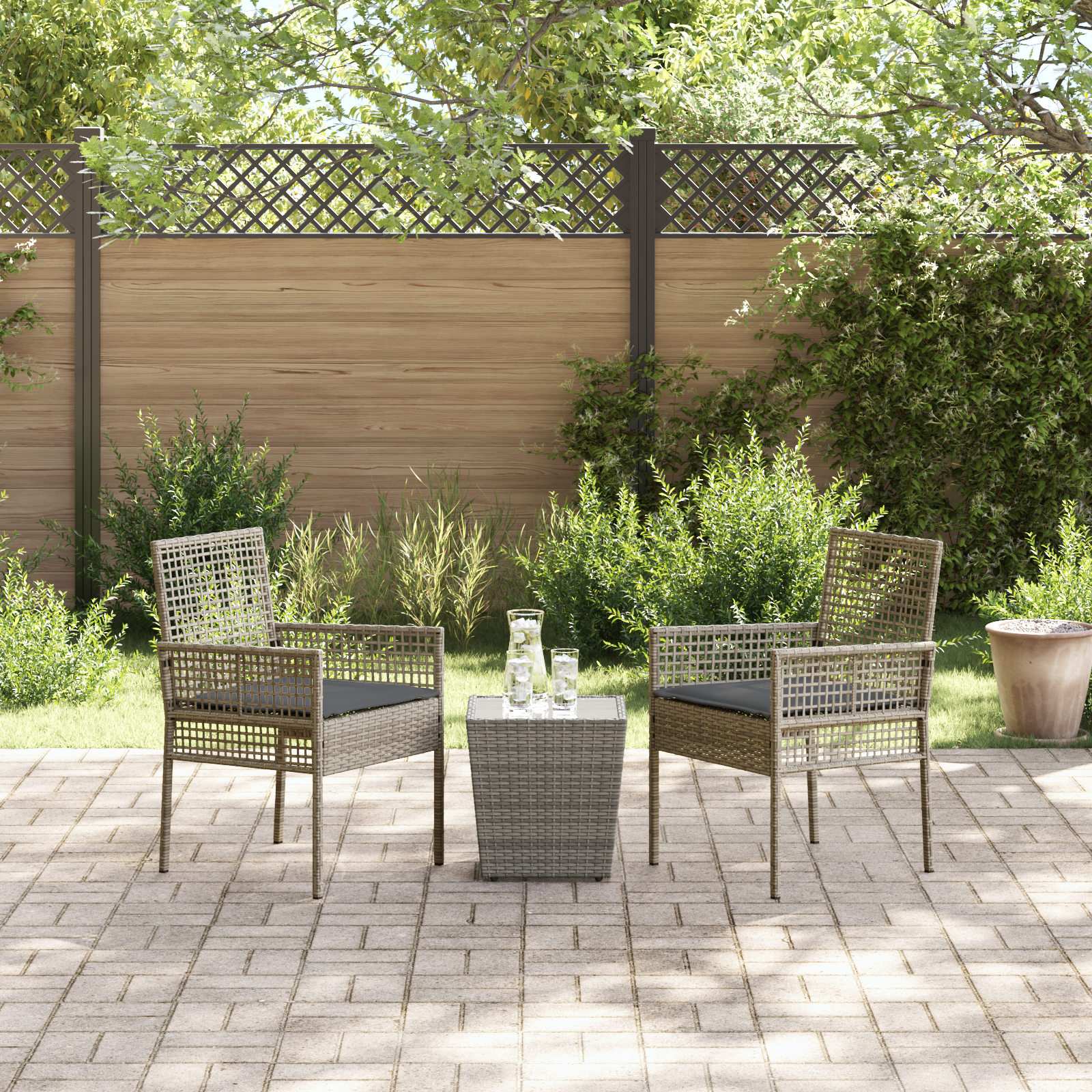 3 Piece Garden Bistro Set with Cushions Grey Poly Rattan - Image 4
