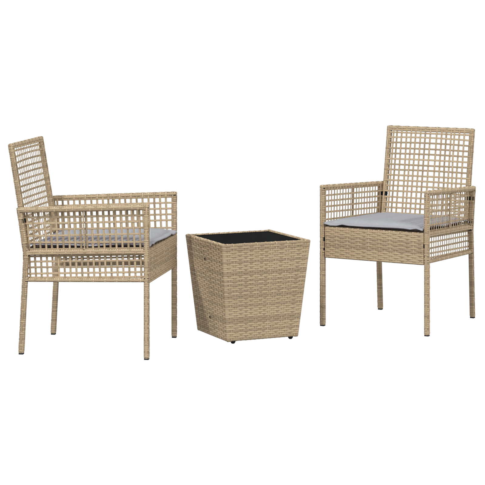 3 Piece Garden Bistro Set with Cushions Beige Poly Rattan - Image 2